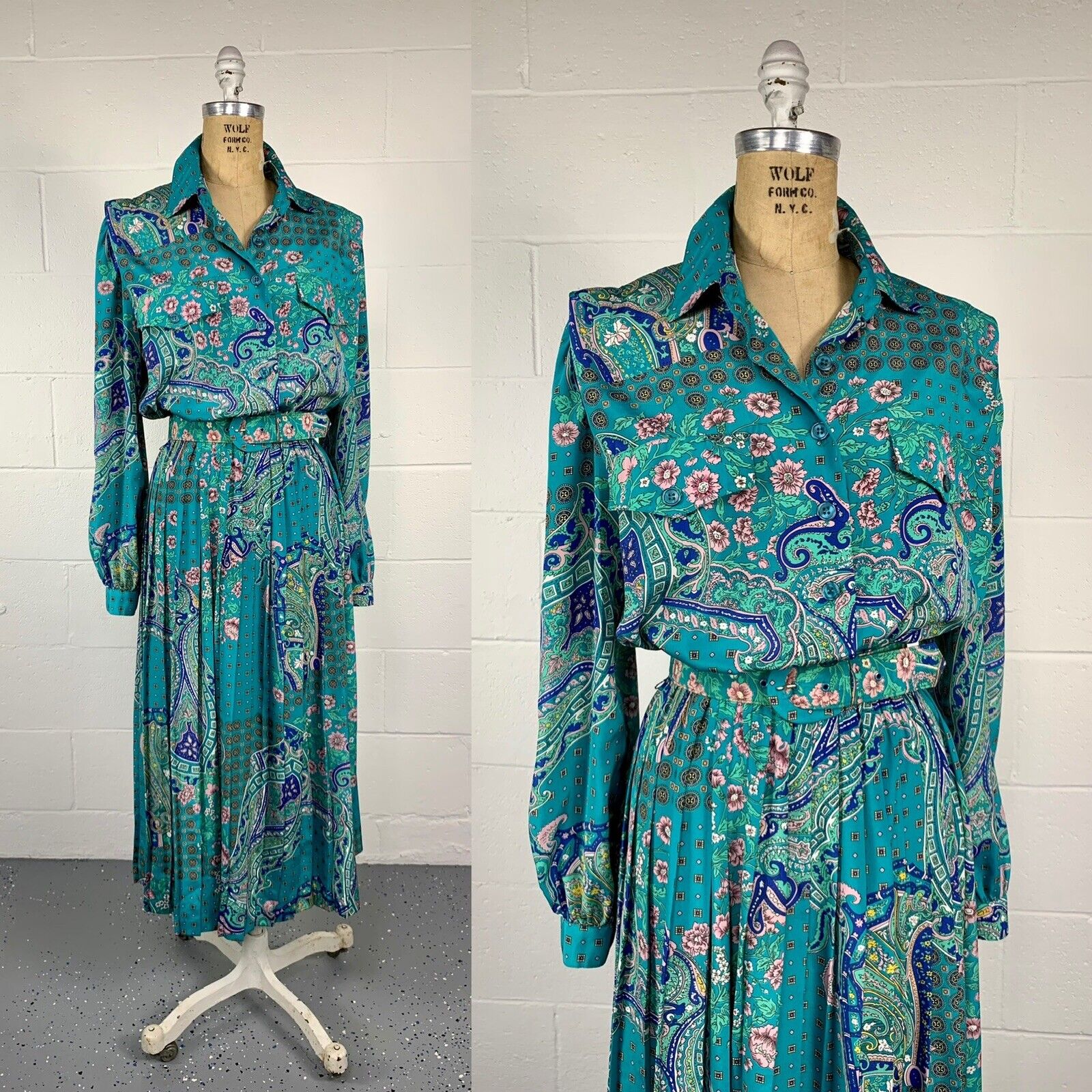 80s Green Paisley Crepe Accordion Pleat Safari Dress By Leslie Fay - Image 5