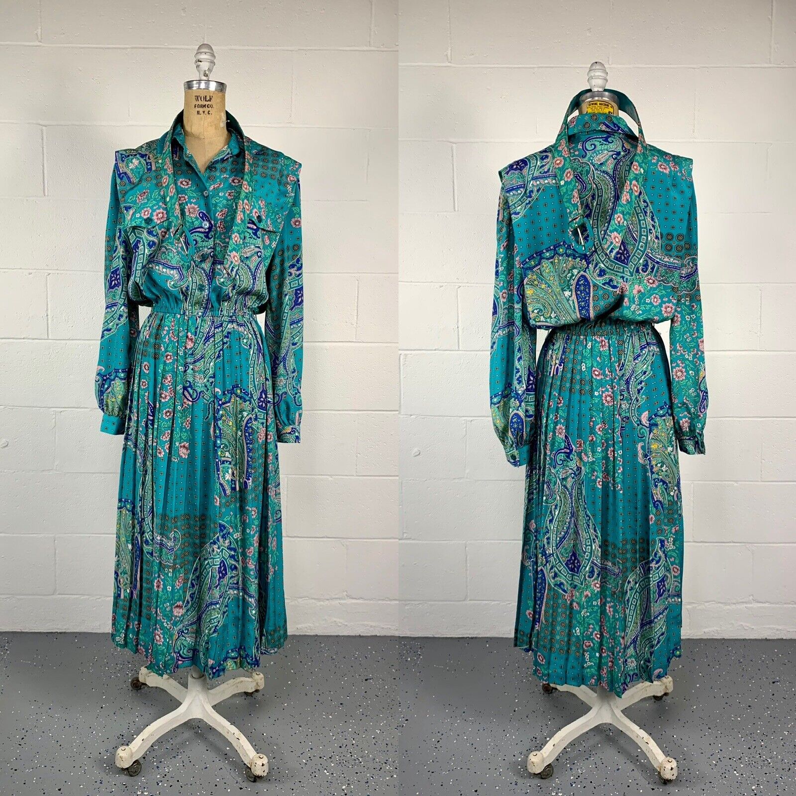 80s Green Paisley Crepe Accordion Pleat Safari Dress By Leslie Fay - Image 8