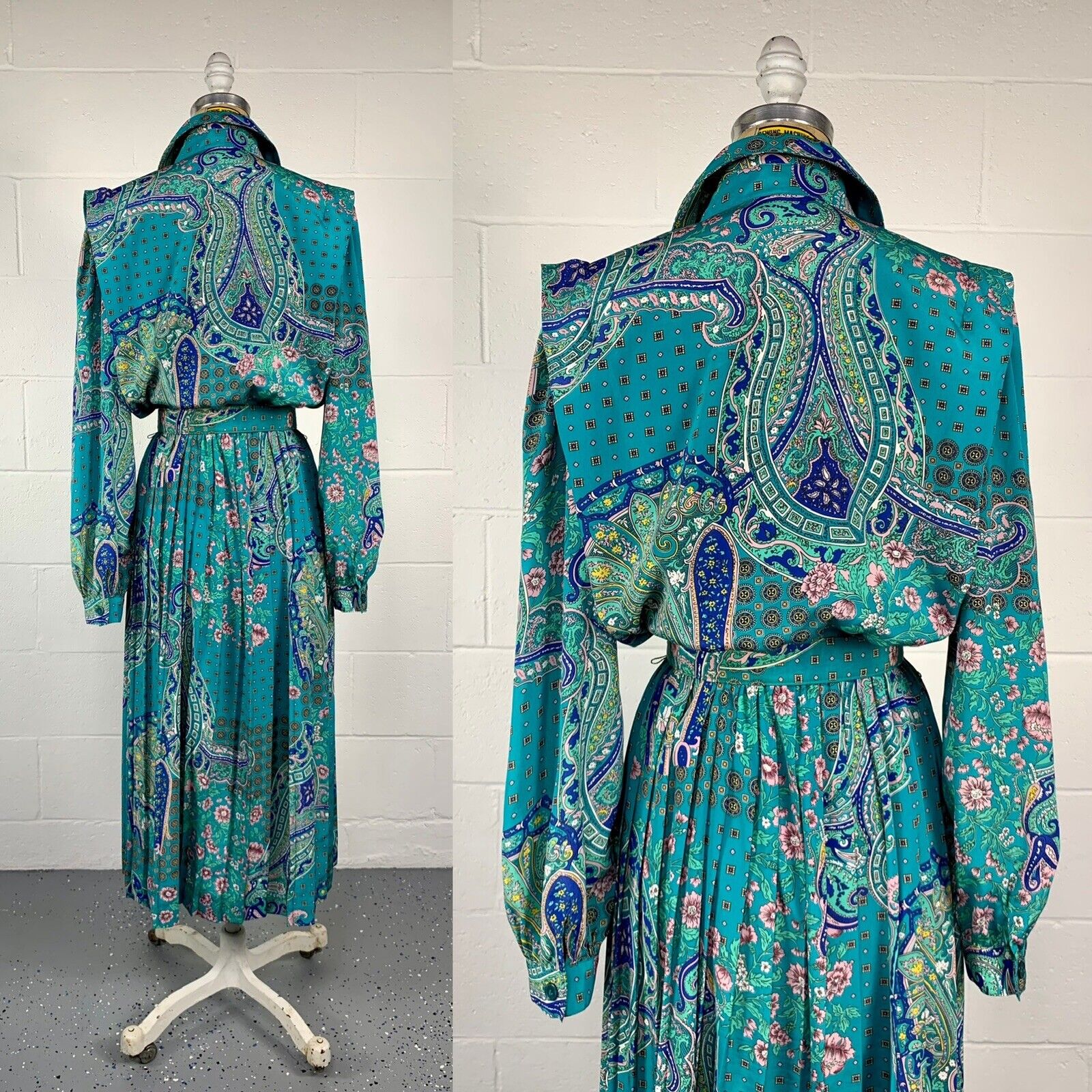 80s Green Paisley Crepe Accordion Pleat Safari Dress By Leslie Fay - Image 9