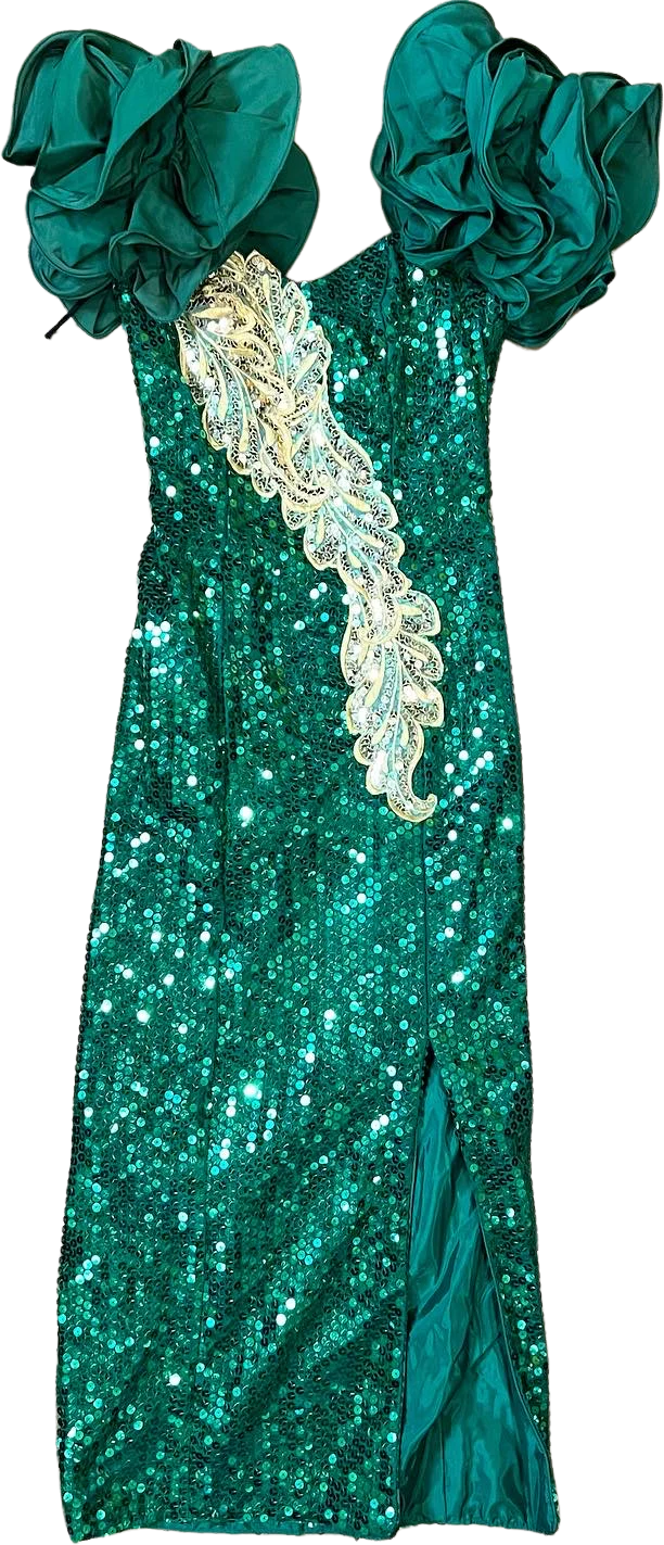 80s Green Sequin Holiday Party Dress Wiggle Dress by Michele Vincent
