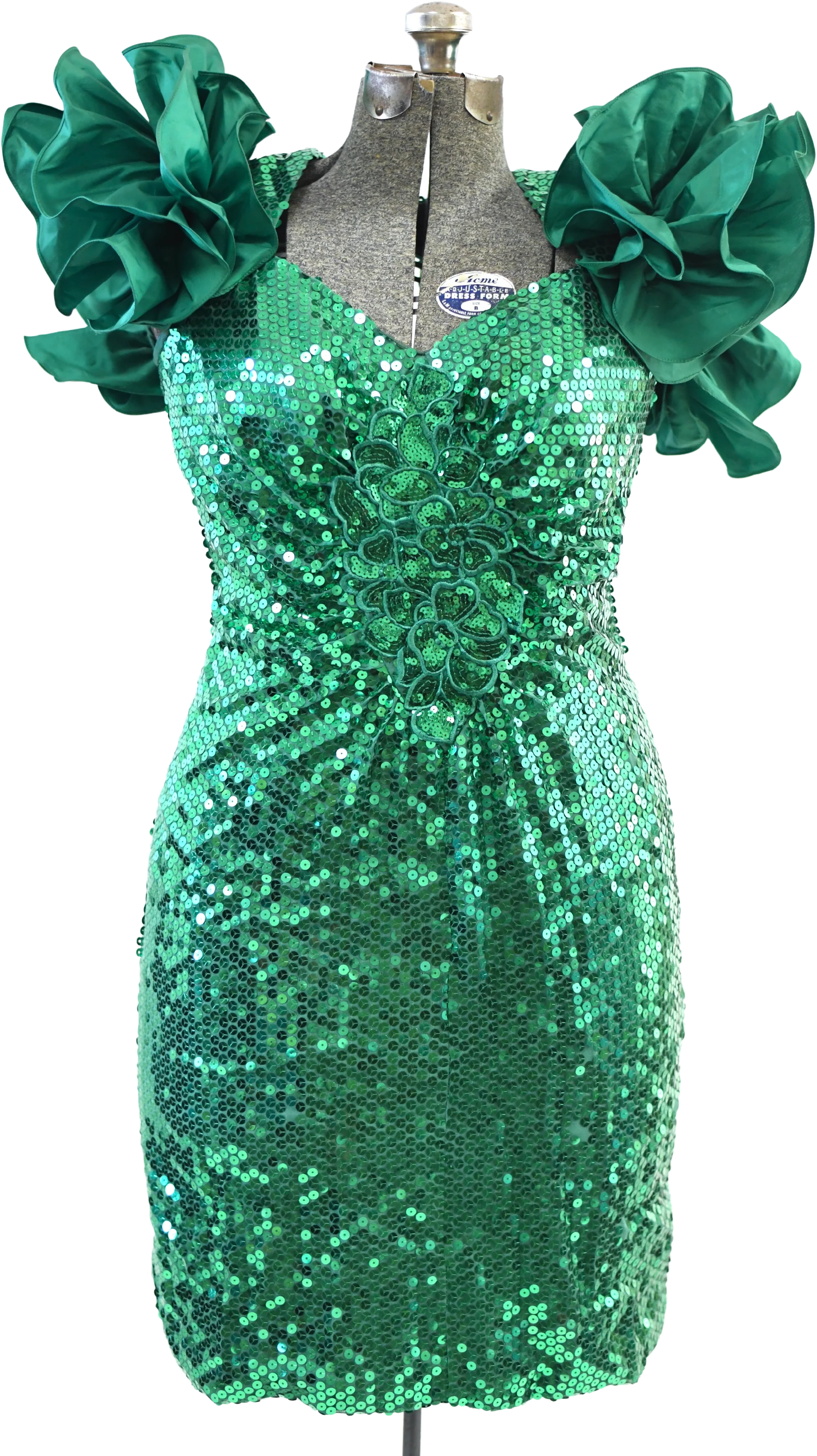 80s Green Sequin Wounded Ruffle Open Back Mini Dress By Alyce Designs