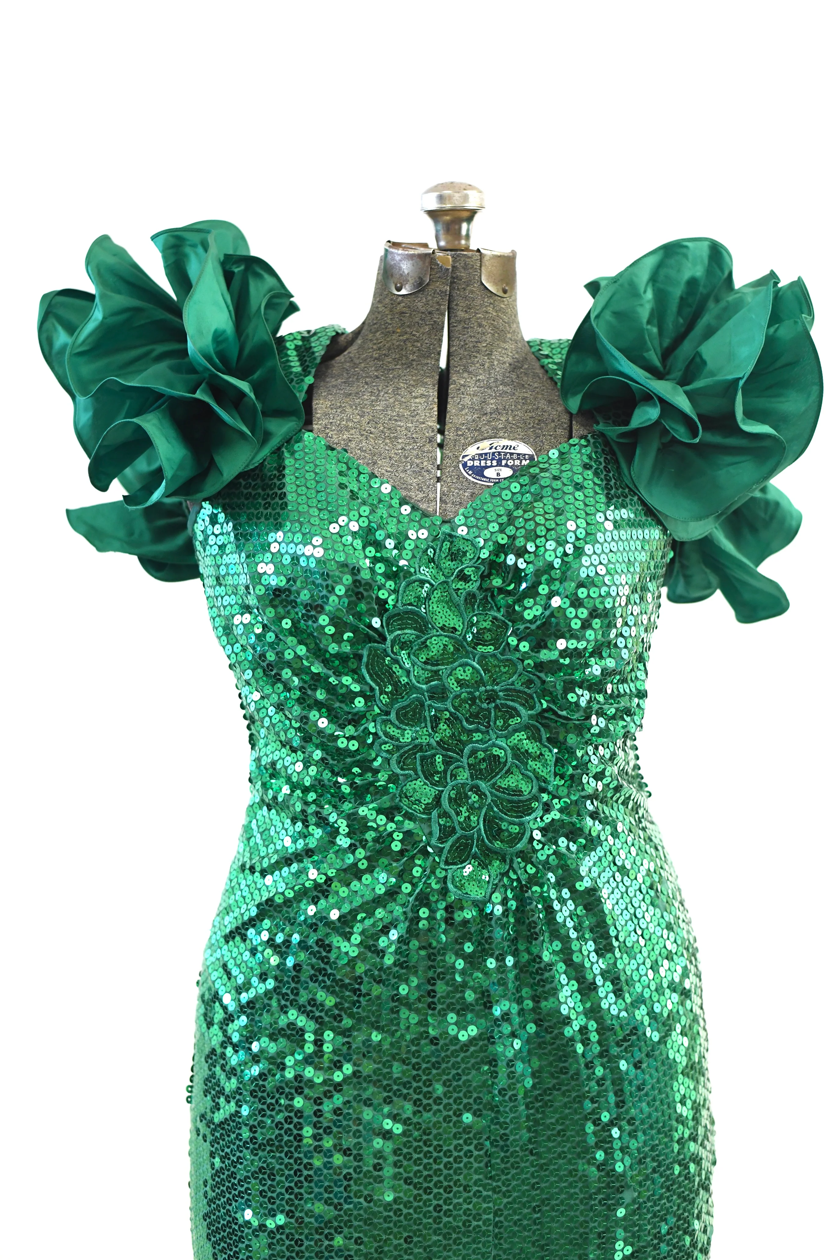 80s Green Sequin Wounded Ruffle Open Back Mini Dress By Alyce Designs - Image 3
