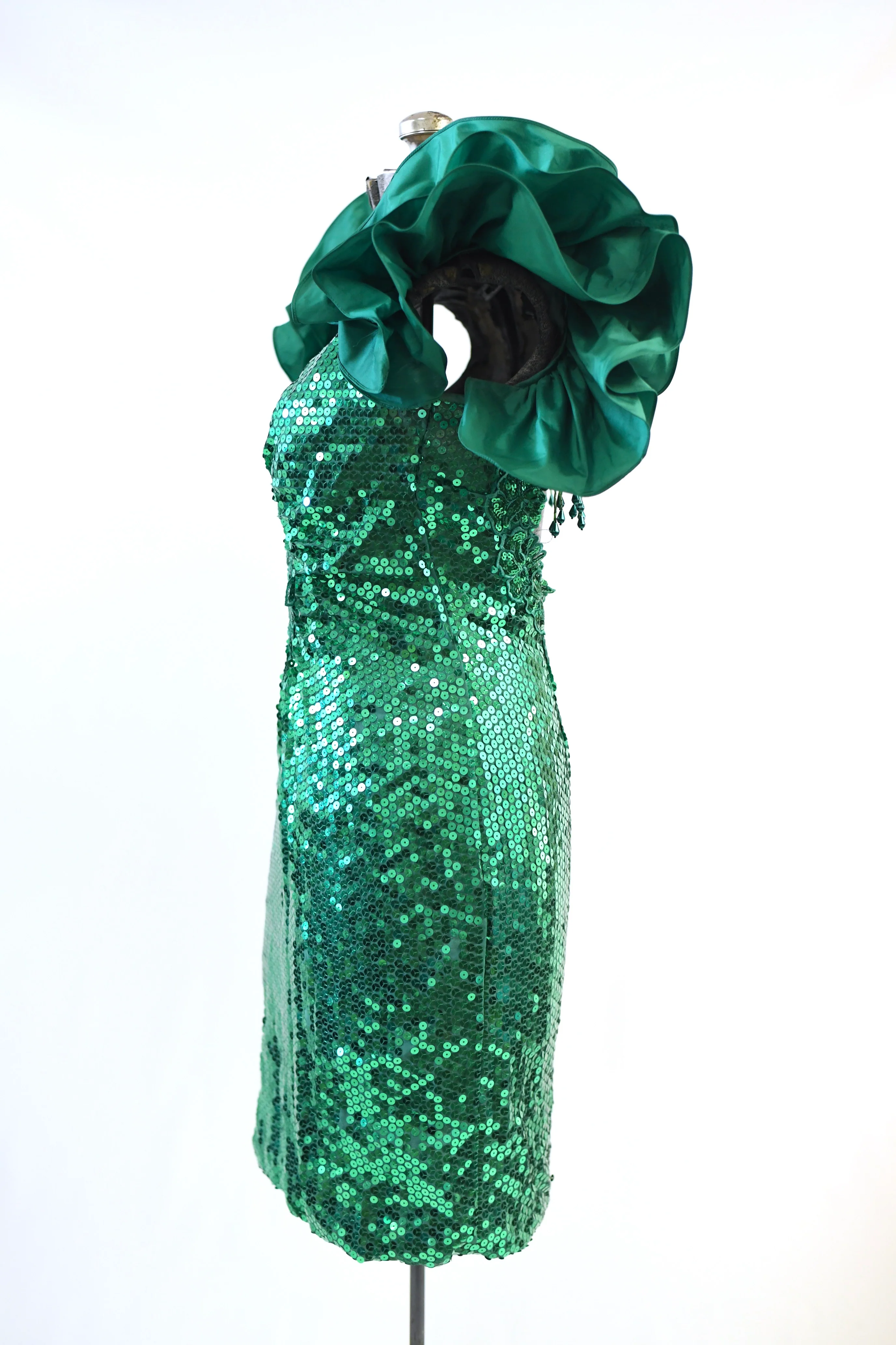 80s Green Sequin Wounded Ruffle Open Back Mini Dress By Alyce Designs - Image 4