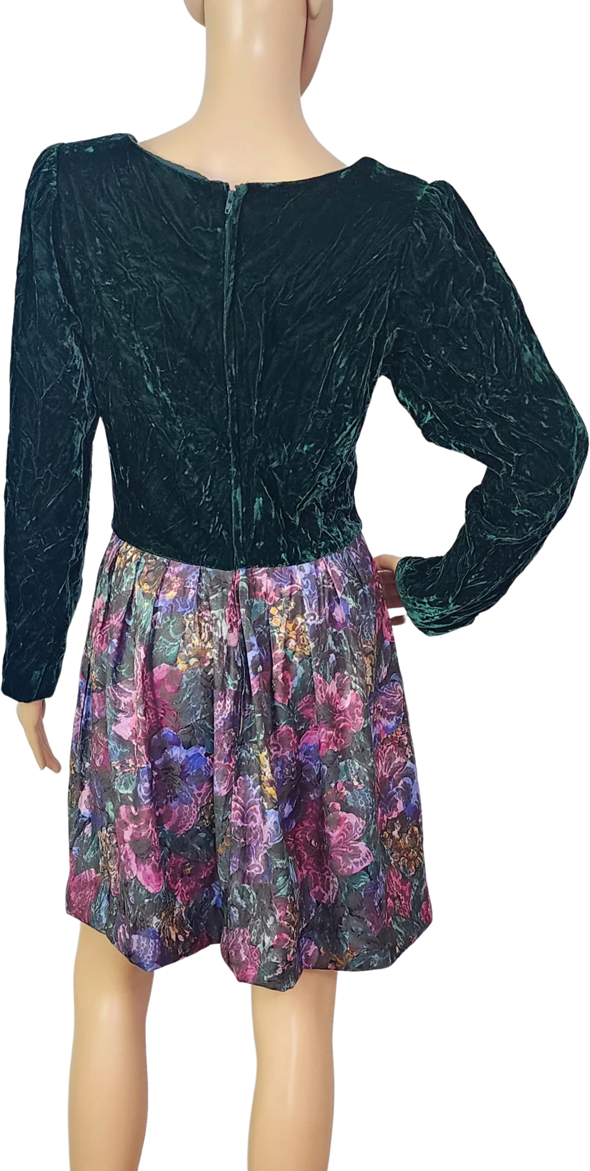 80s Green Velvet Purple Brocade Floral Mini Dress - Image 2