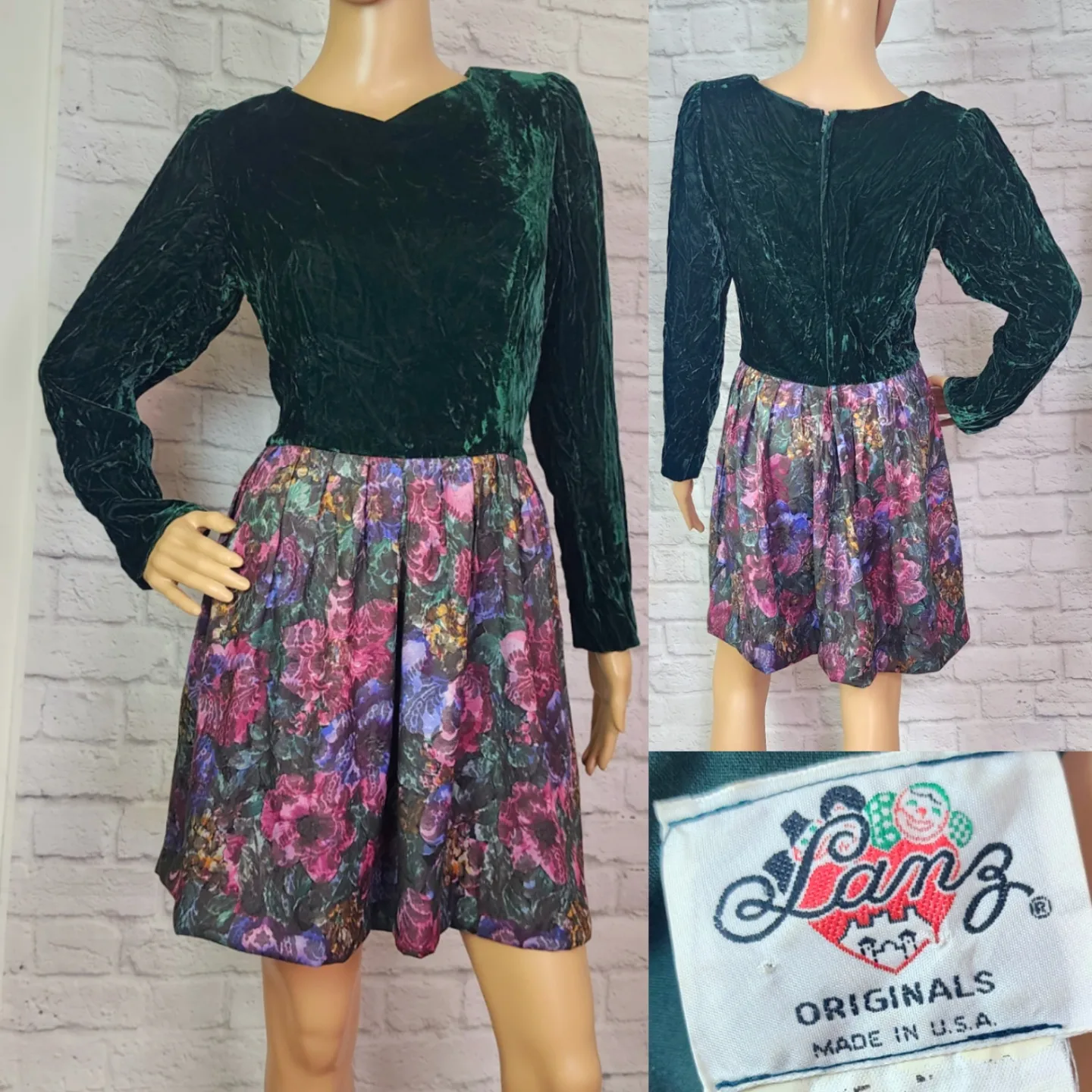 80s Green Velvet Purple Brocade Floral Mini Dress - Image 3