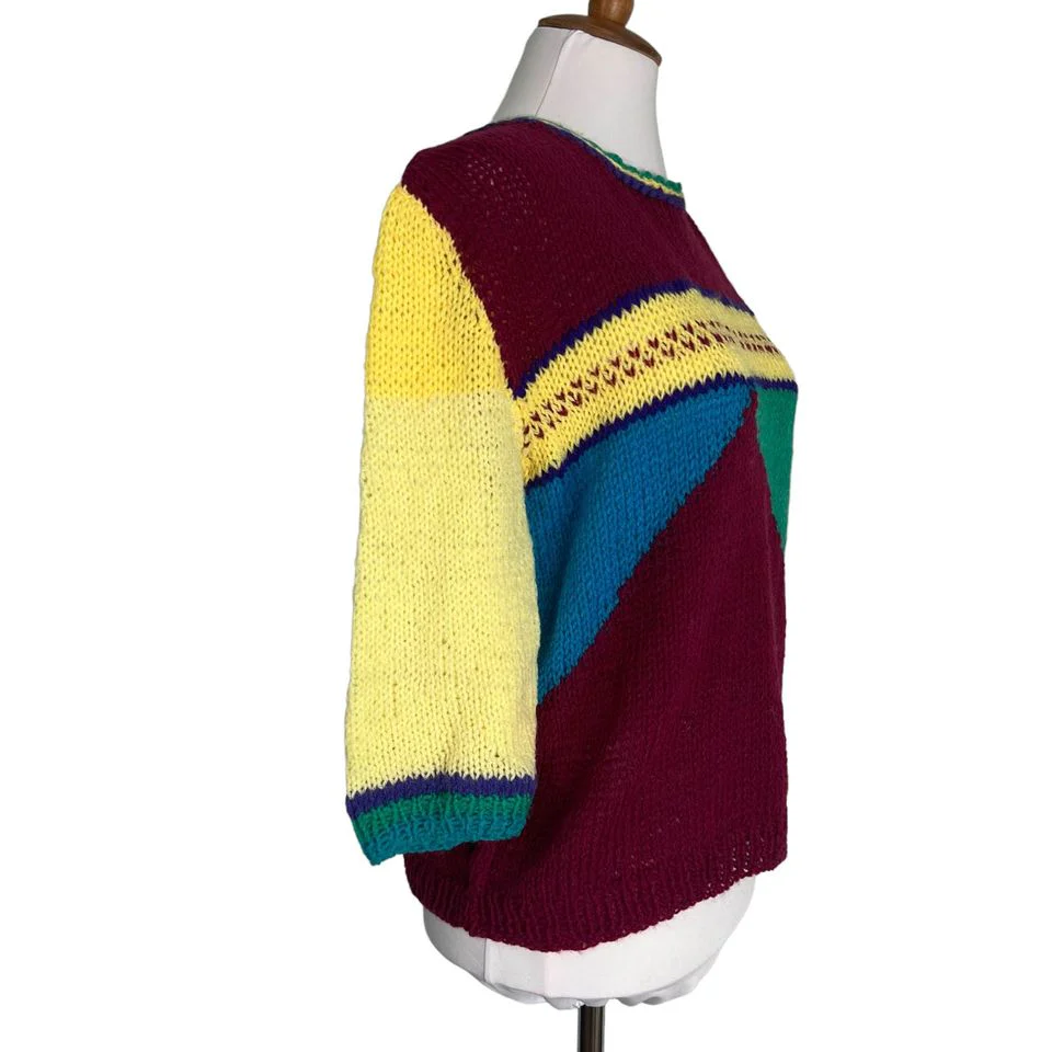 80s Handknit Abrstract Sweater M - Image 3