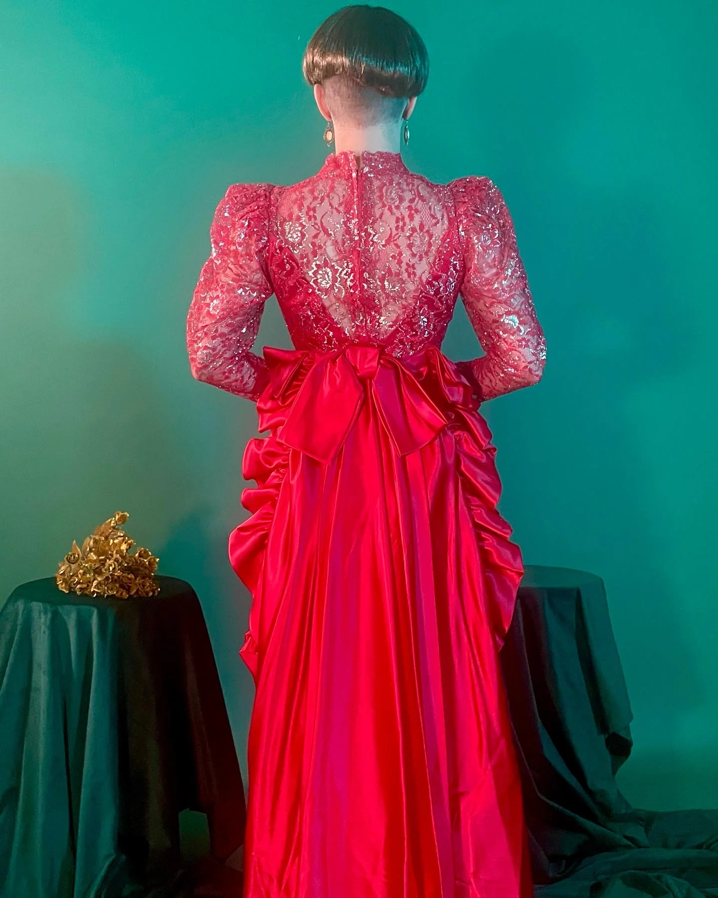 80s Handmade Red And Silver Lace Satin Ruffle Gown - Image 2