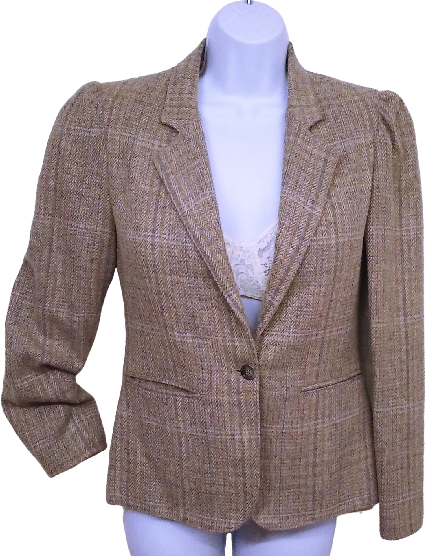 80s Herringbone Tweed Plaid Blazer Pockets Puff Sleeve by Mj Concepts
