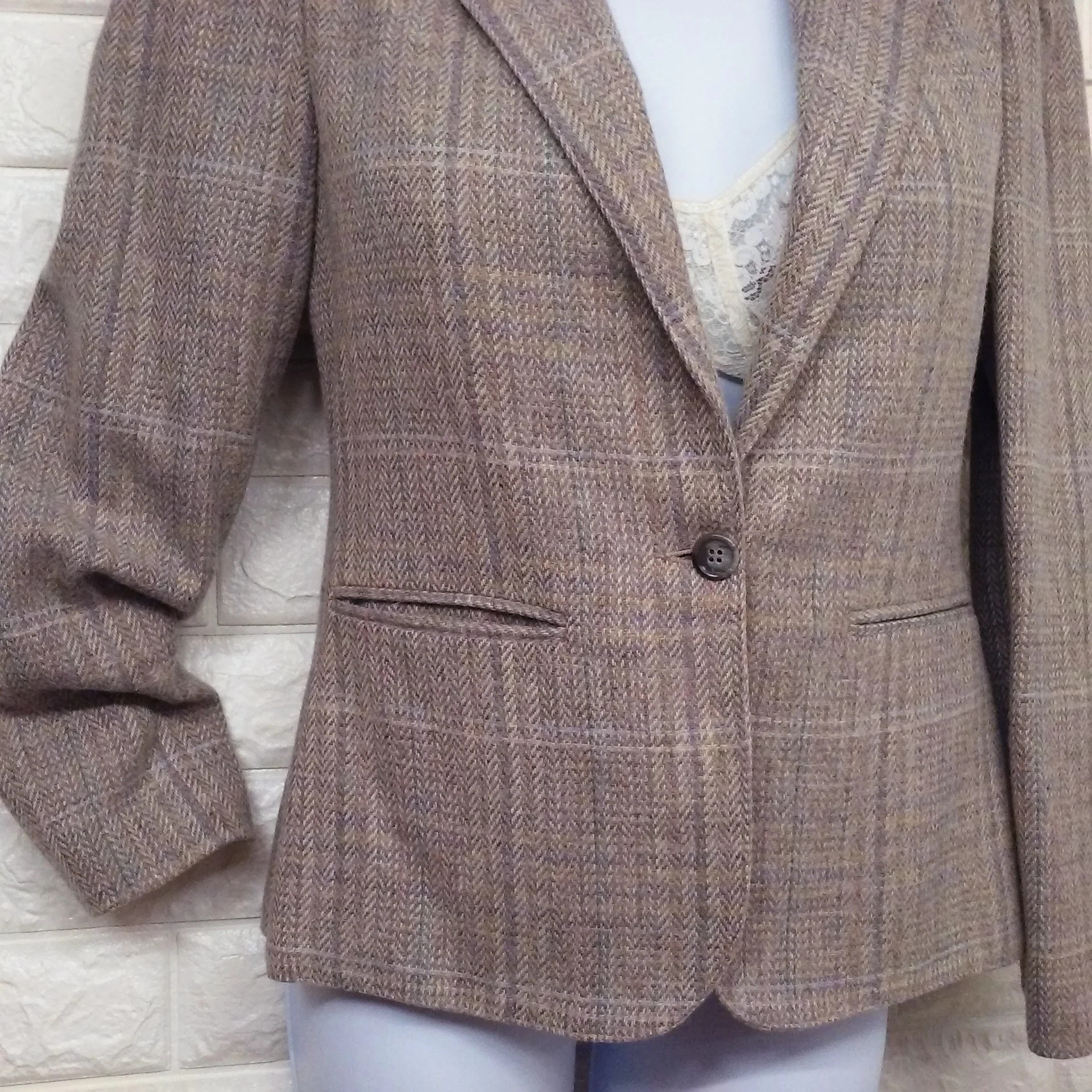 80s Herringbone Tweed Plaid Blazer Pockets Puff Sleeve by Mj Concepts - Image 5