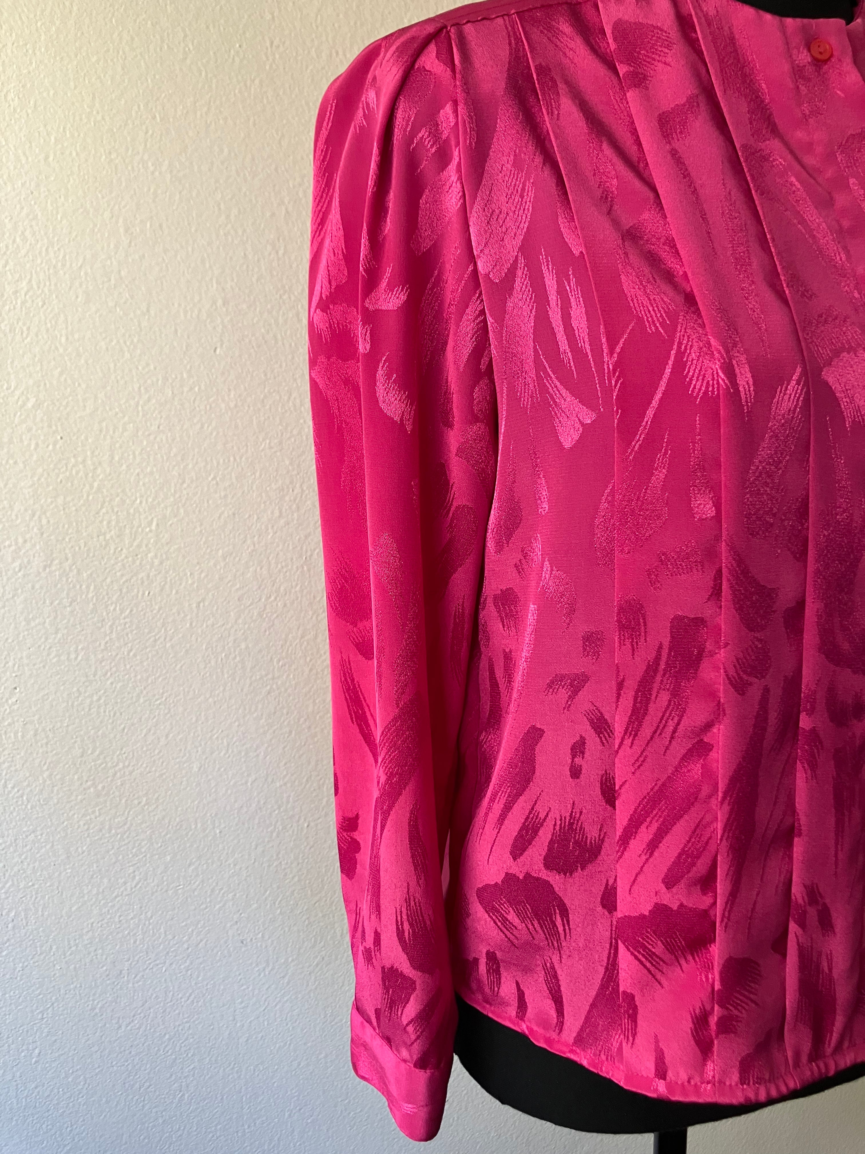 80s Hot Pink Abstract Floral Silky Pleated Blouse By Axiom - Image 5