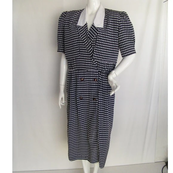 80s Houndstooth Career Dress Black White Pockets By Liz Roberts - Image 5