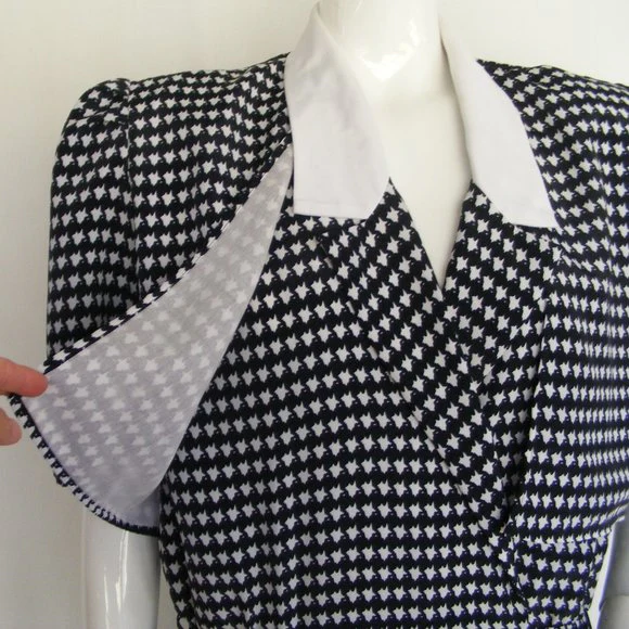 80s Houndstooth Career Dress Black White Pockets By Liz Roberts - Image 6