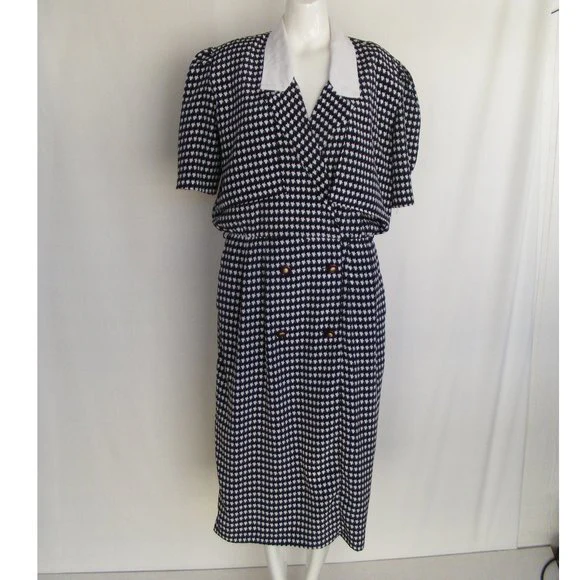 80s Houndstooth Career Dress Black White Pockets By Liz Roberts - Image 8