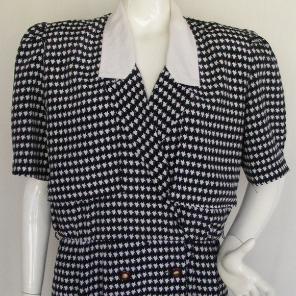 80s Houndstooth Career Dress Black White Pockets By Liz Roberts - Image 9