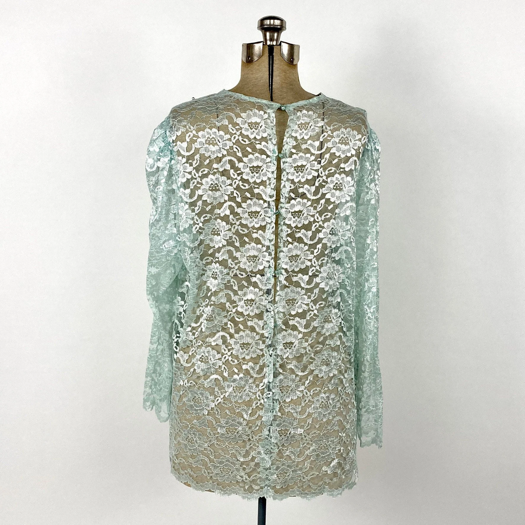 80s Icy Blue Romantic Sheer Floral Lace Tunic Pearl Tassel Micro Mini Dress Top Festival Blouse Formal Party Shirt - Image 2