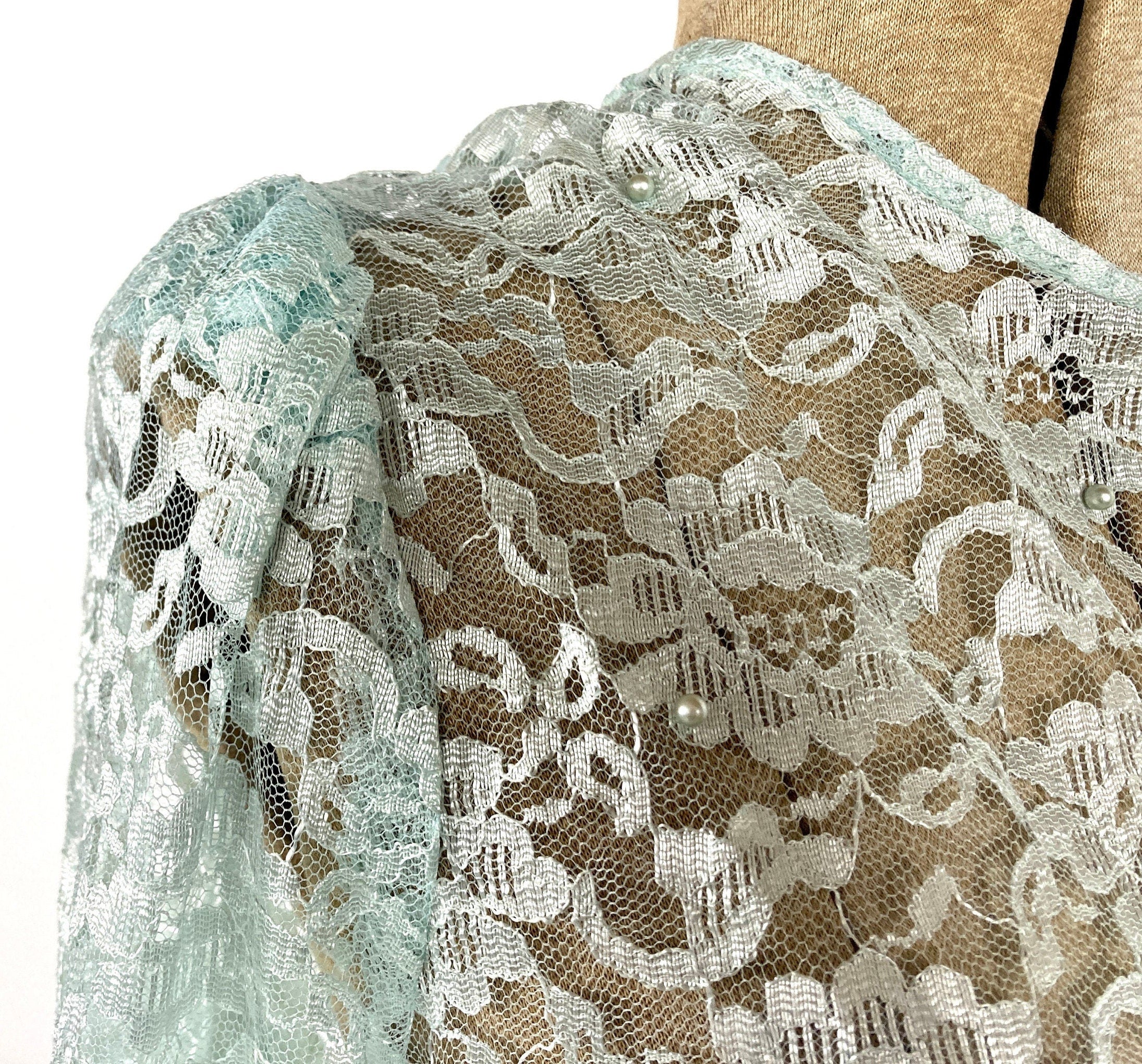80s Icy Blue Romantic Sheer Floral Lace Tunic Pearl Tassel Micro Mini Dress Top Festival Blouse Formal Party Shirt - Image 8