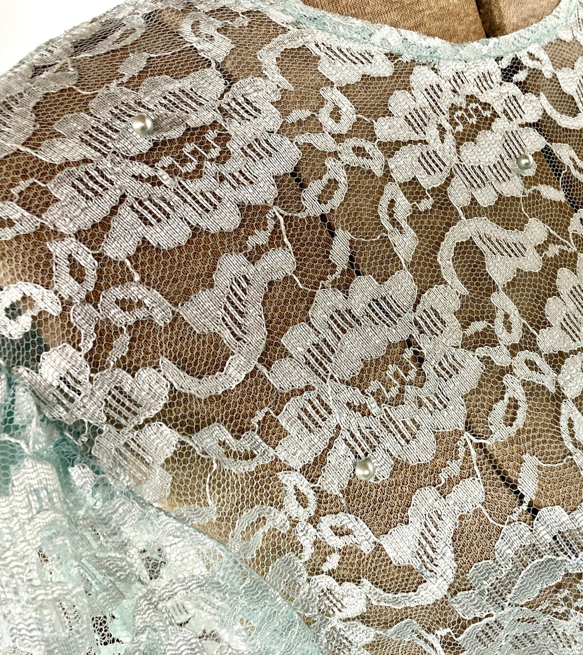 80s Icy Blue Romantic Sheer Floral Lace Tunic Pearl Tassel Micro Mini Dress Top Festival Blouse Formal Party Shirt - Image 9