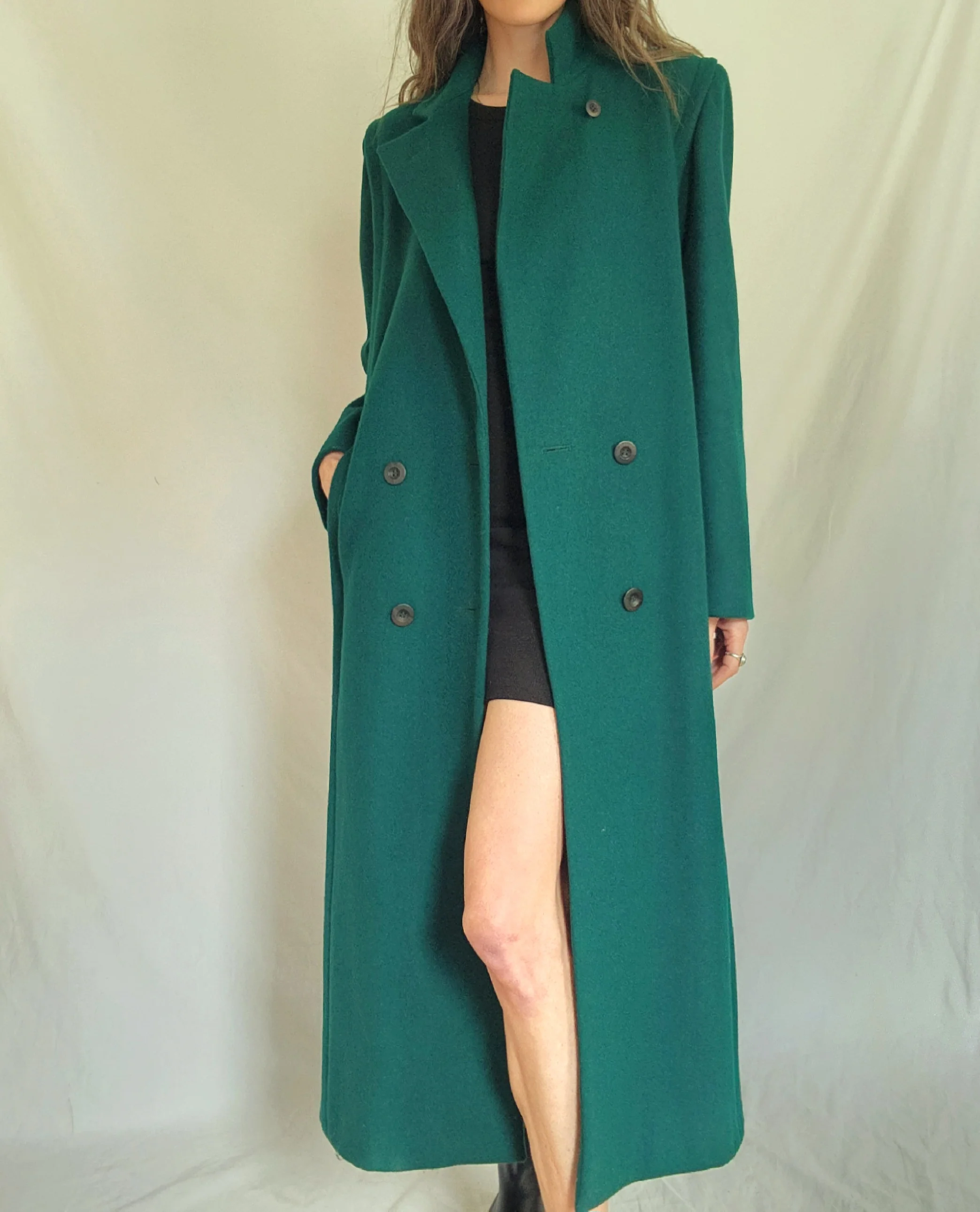 80s Indie Academia Long Green Wool Winter Coat By Karizma - Image 3