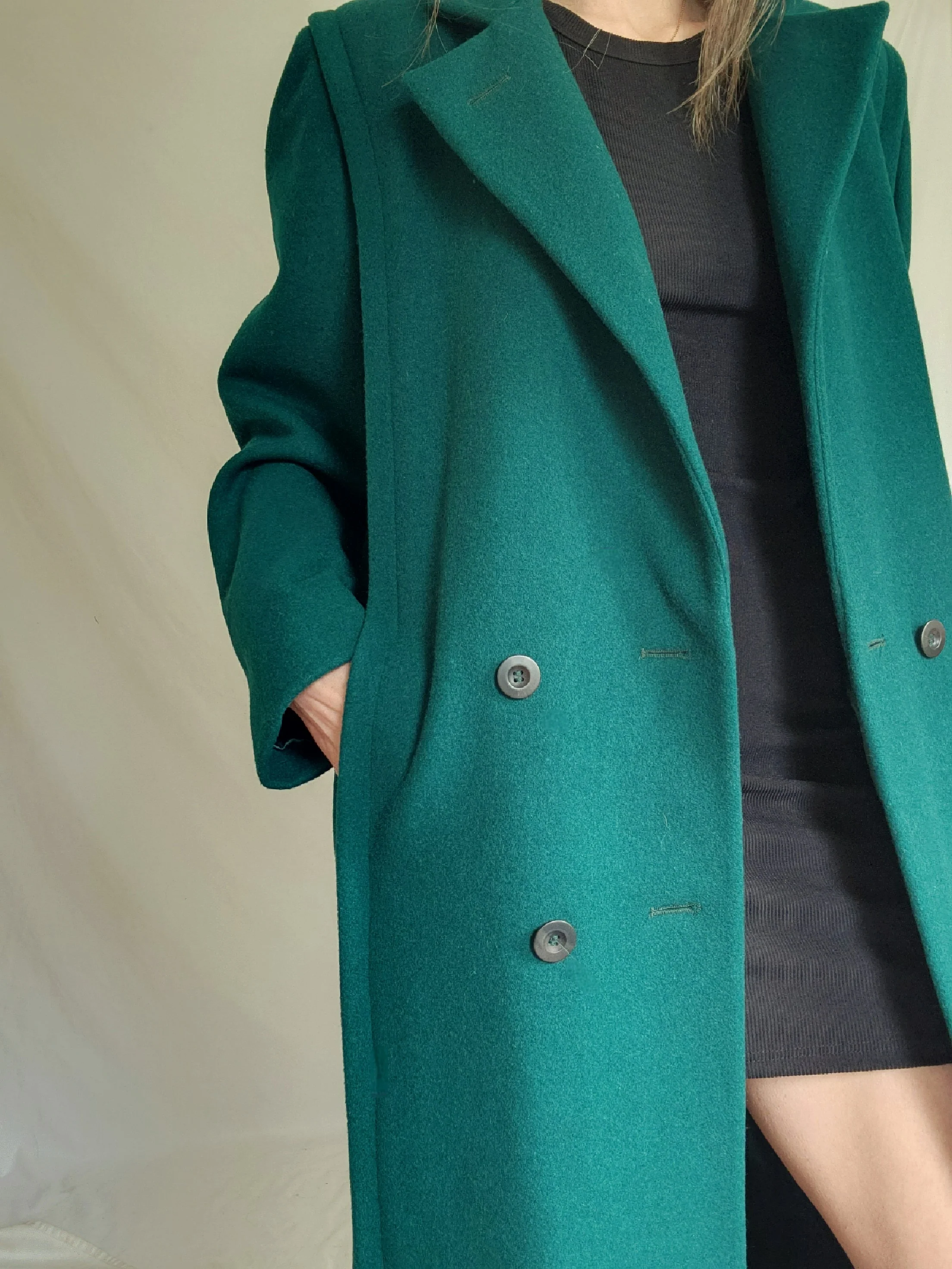 80s Indie Academia Long Green Wool Winter Coat By Karizma - Image 4