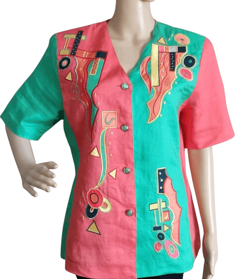 80's Funky Linen Color Block Top by Miss Milan
