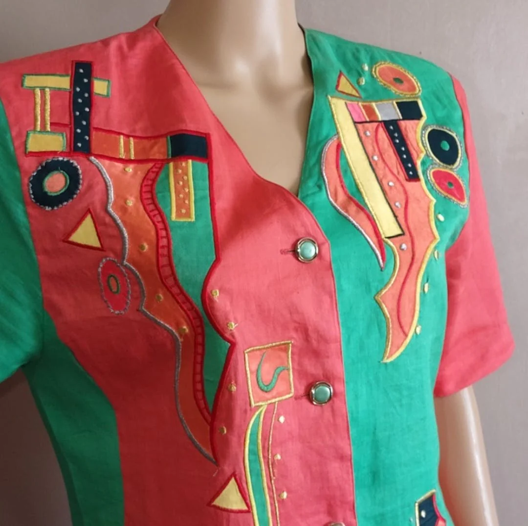 80's Funky Linen Color Block Top by Miss Milan - Image 3