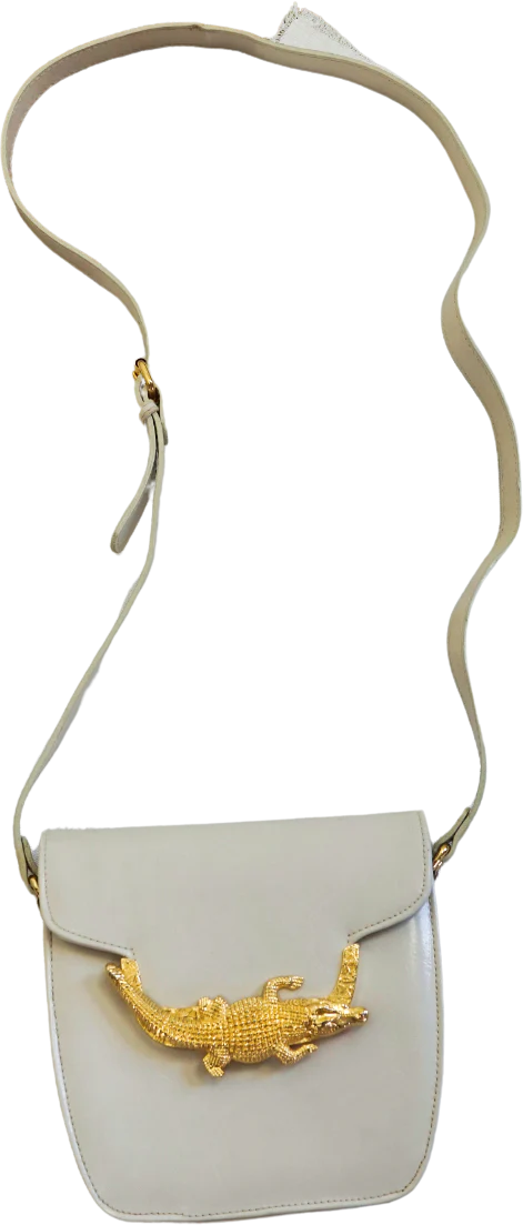80s Ivory Leather Gold Metal Alligator Closure Bag By Great Bags