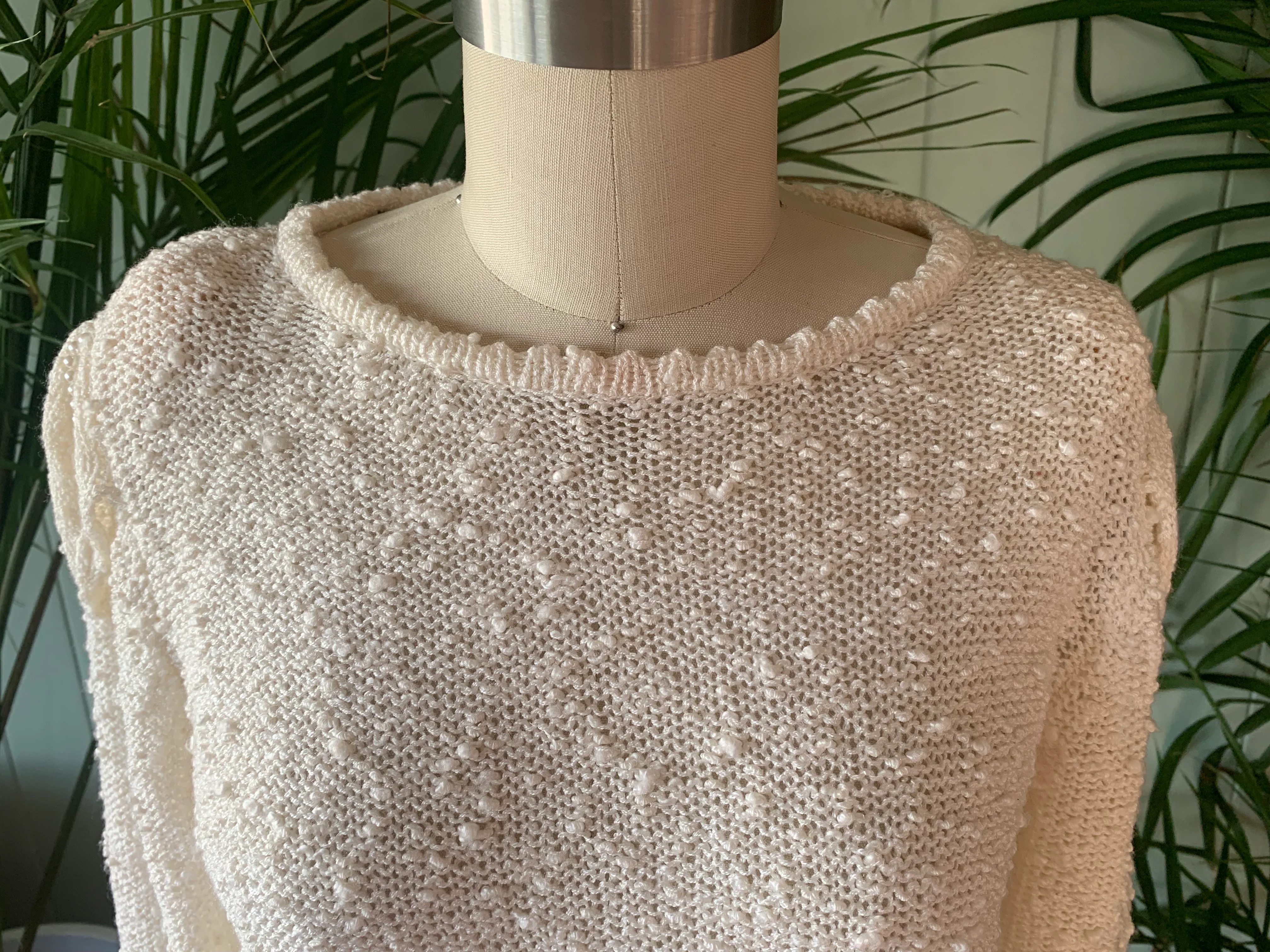 80s Ivory Nubby Knit Sweater Pearl Beaded Shoulders By Le Roy Knitwear - Image 3