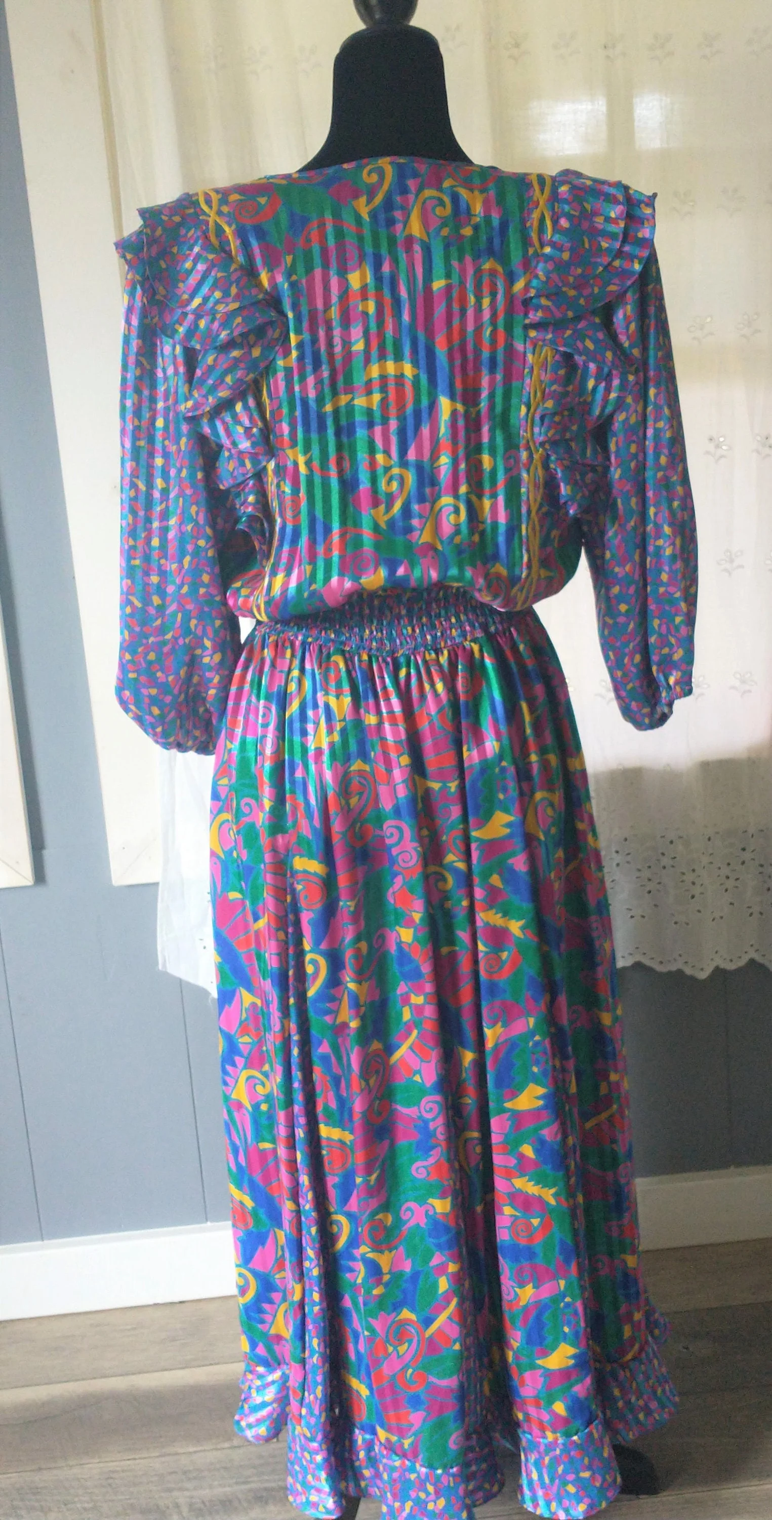 80s Jaymee Pape'll Mosaic Full Pleated Skirt Ruffled Shoulder Waist Band Special Event Dress: Multi Colored by Lillie Rubin - Image 2