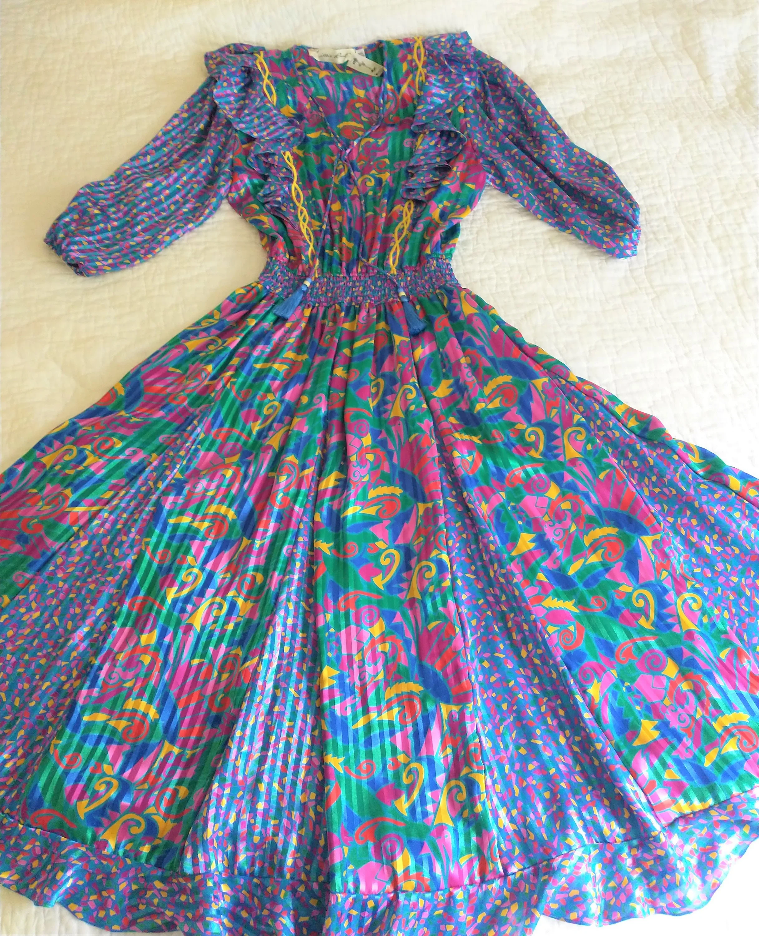 80s Jaymee Pape'll Mosaic Full Pleated Skirt Ruffled Shoulder Waist Band Special Event Dress: Multi Colored by Lillie Rubin - Image 3