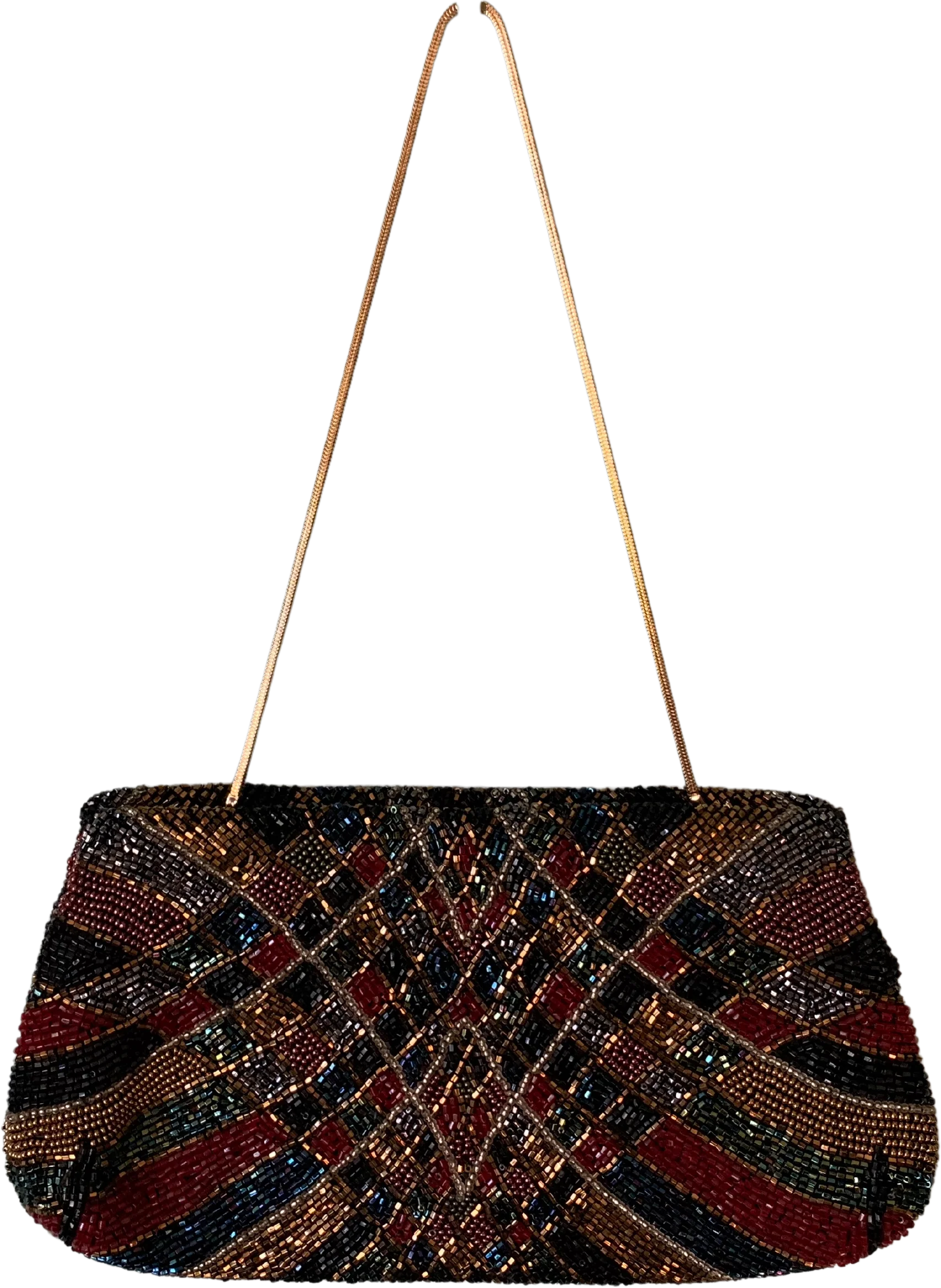 80s Jewel Tone Beaded Purse Gold Snake Chain Strap By Walborg - Image 2