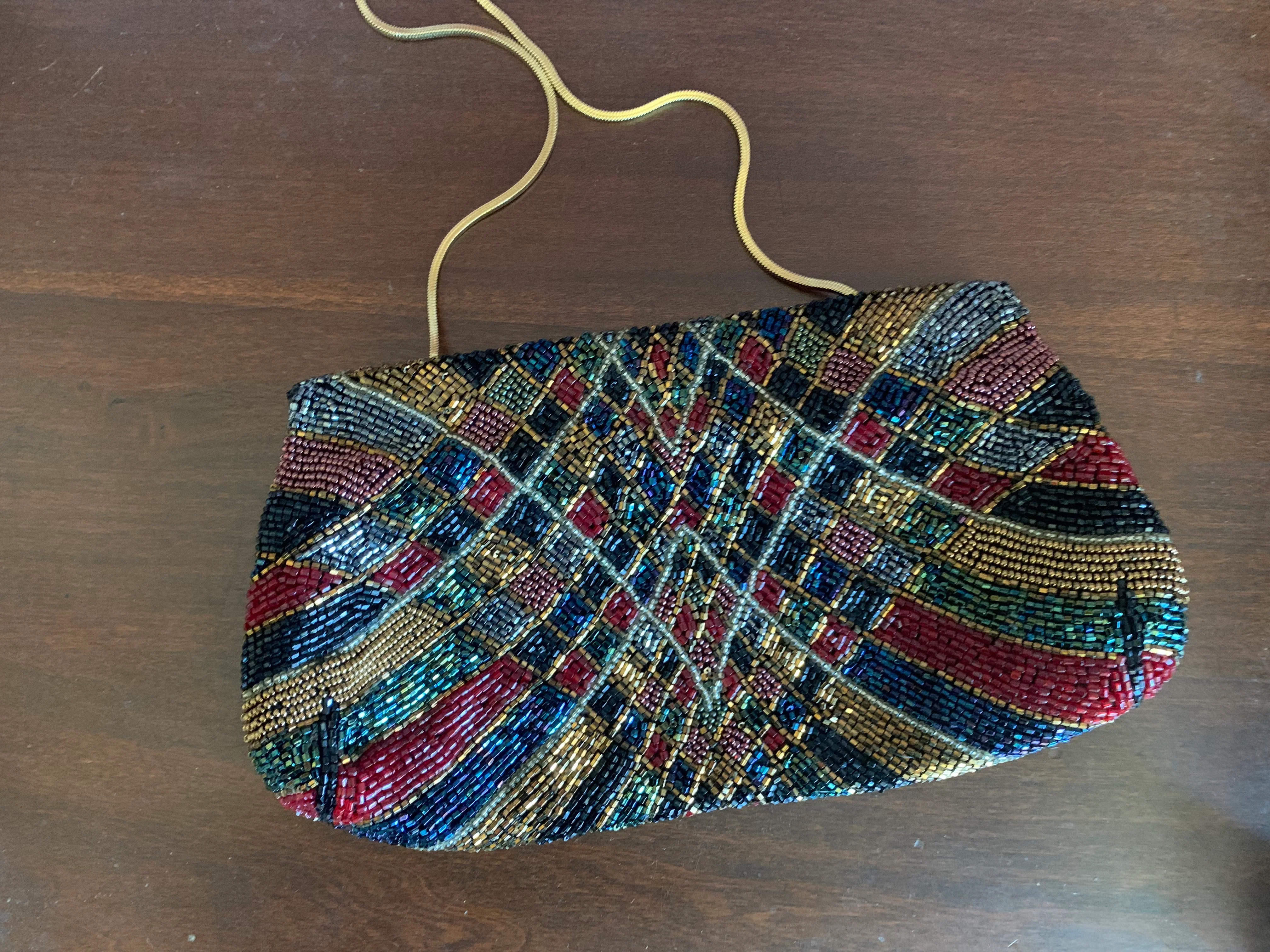 80s Jewel Tone Beaded Purse Gold Snake Chain Strap By Walborg - Image 3