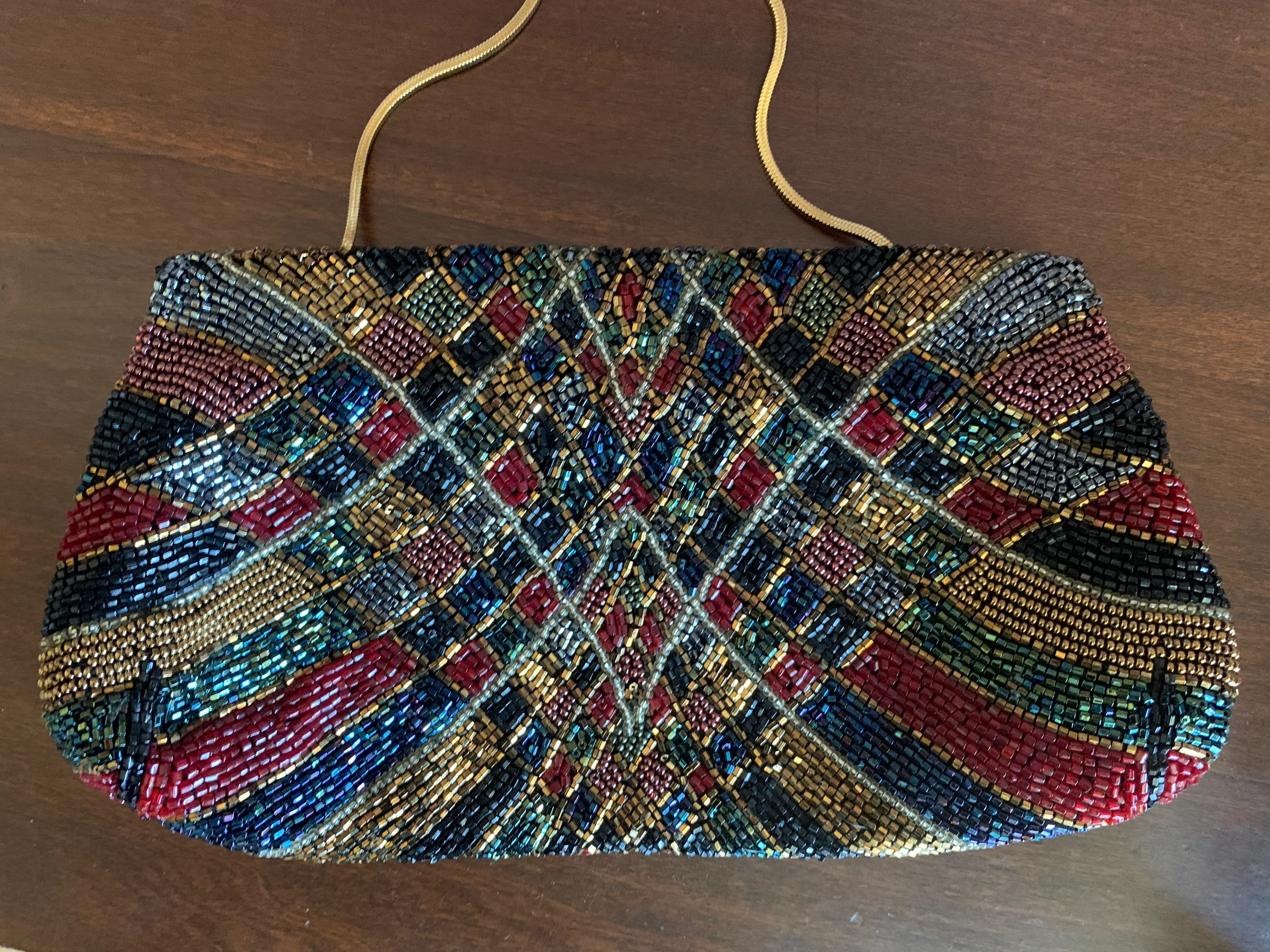 80s Jewel Tone Beaded Purse Gold Snake Chain Strap By Walborg - Image 4