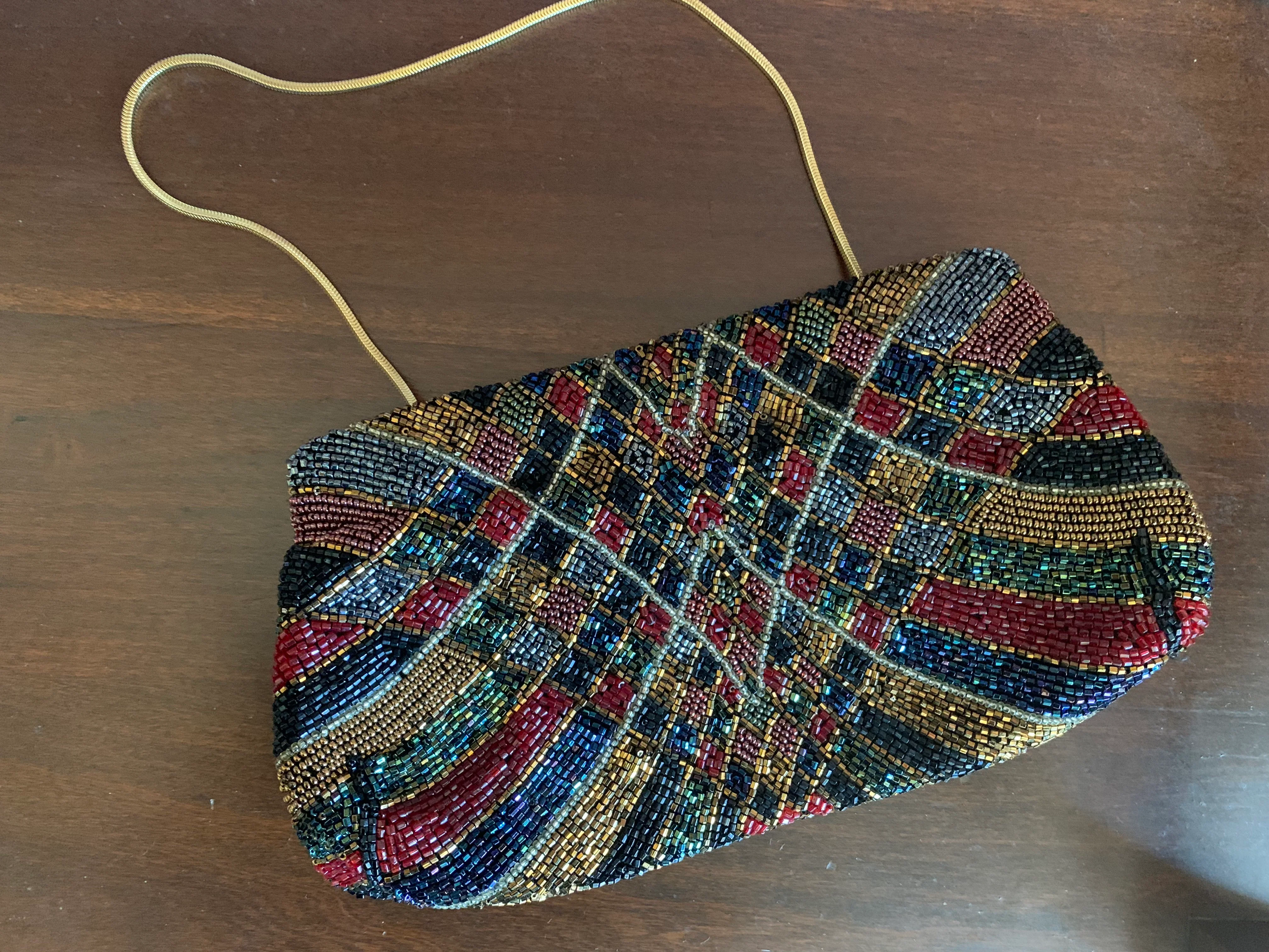 80s Jewel Tone Beaded Purse Gold Snake Chain Strap By Walborg - Image 5