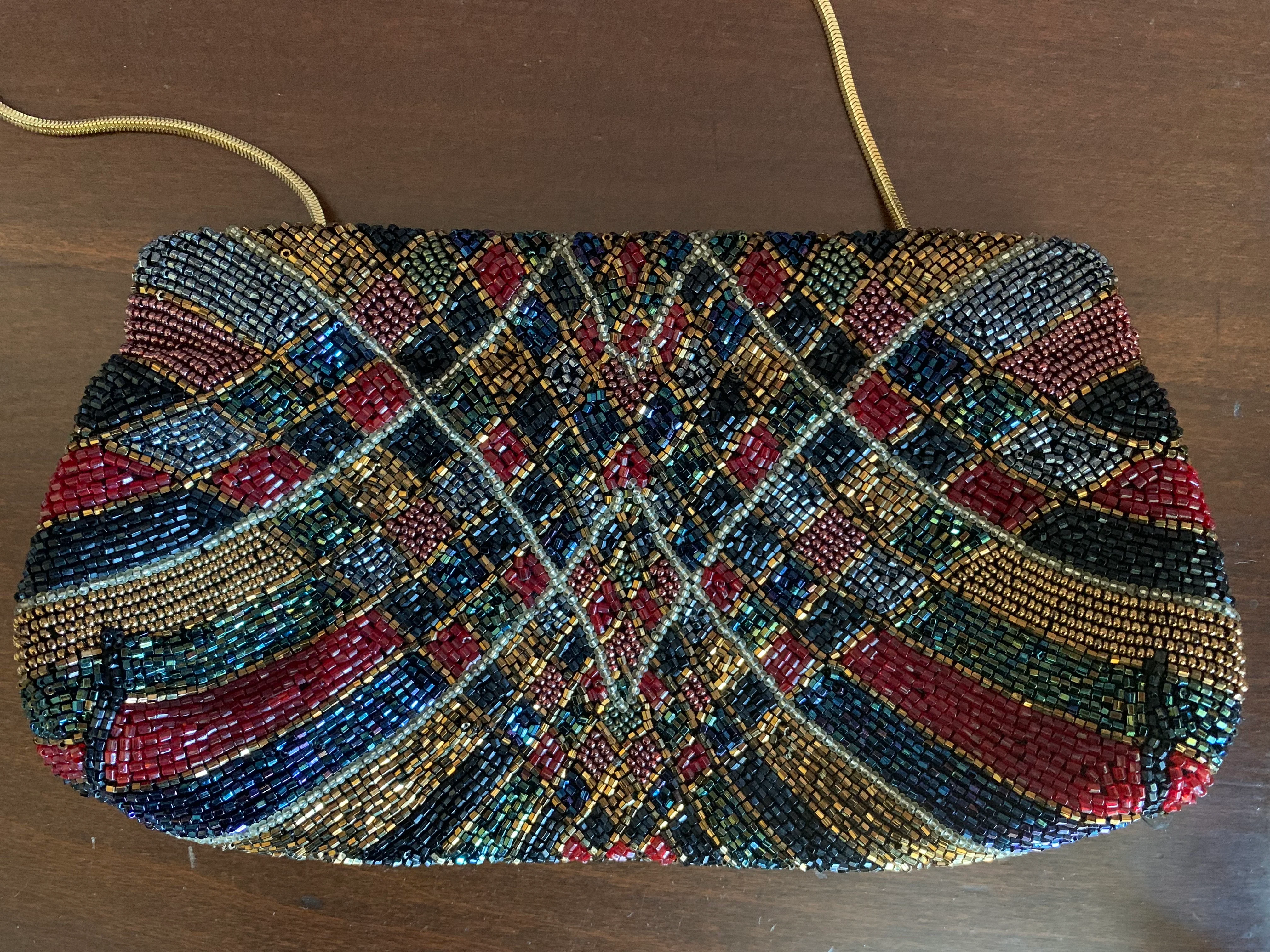 80s Jewel Tone Beaded Purse Gold Snake Chain Strap By Walborg - Image 6
