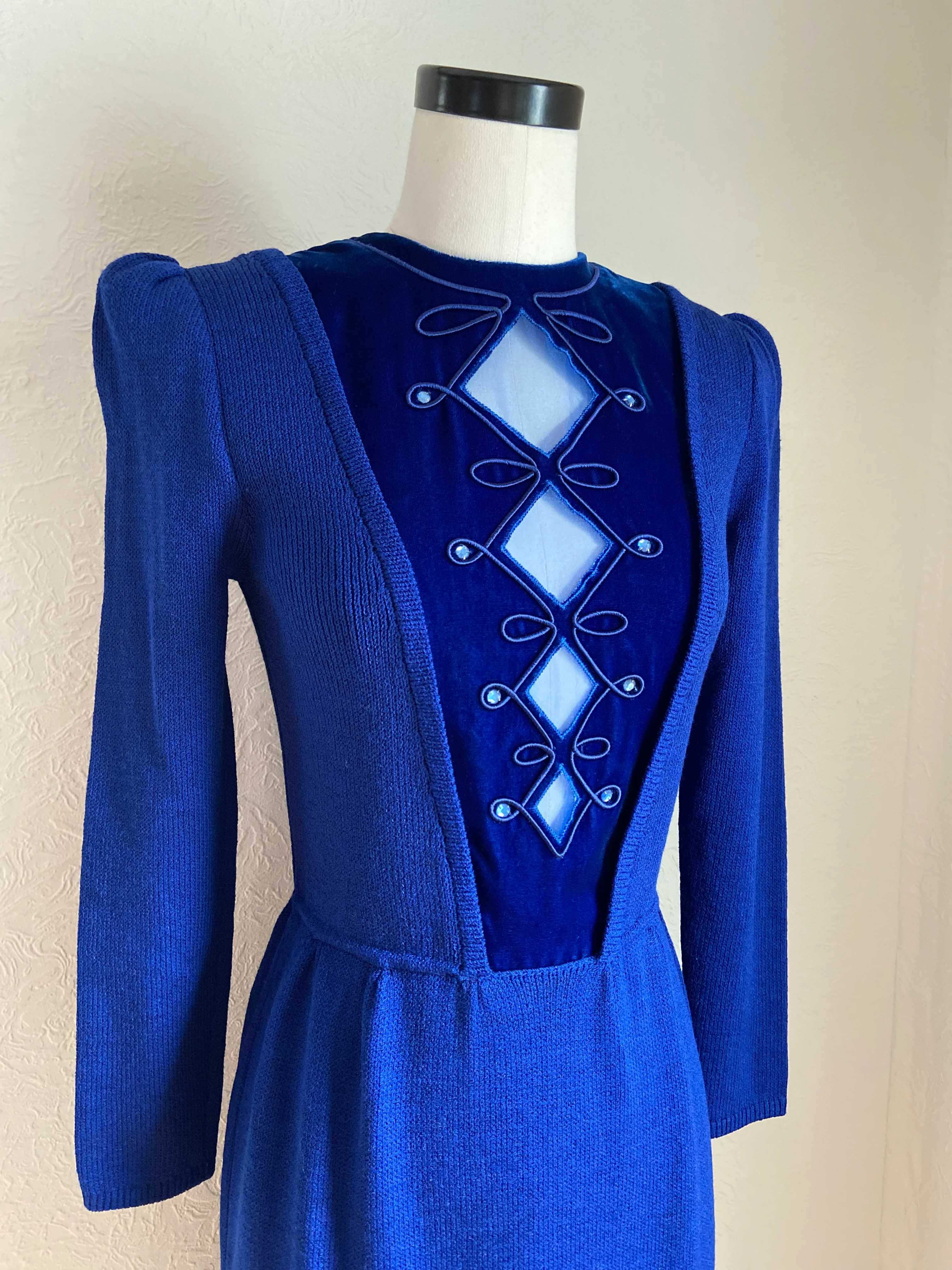 80s Knit Velvet Mesh Cutout Embellished Power Dress By St. John by Marie Gray - Image 3