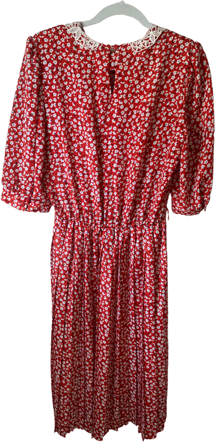 80s Lace Collar Red Floral Print Dress Secretary L Xl By Breli - Image 2