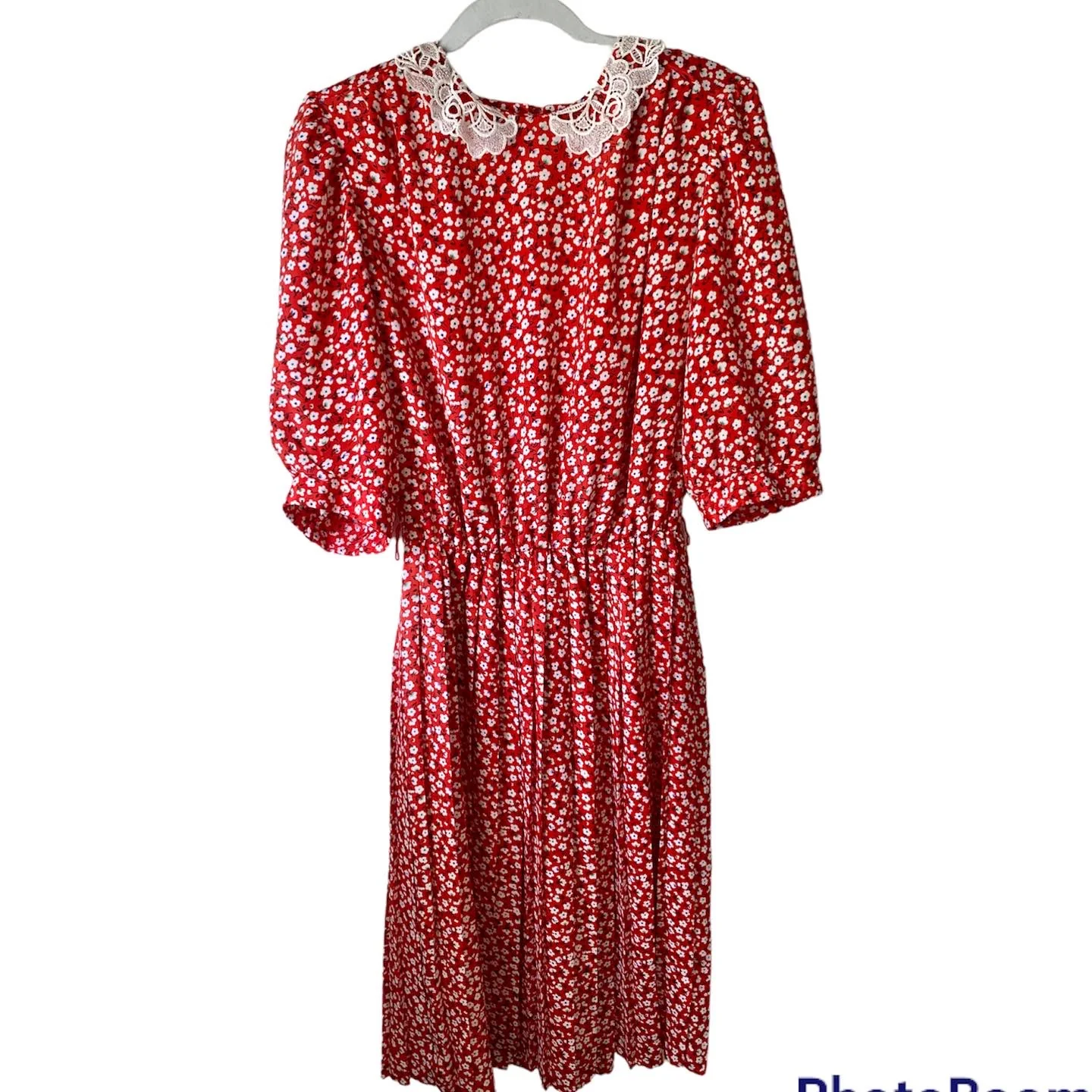 80s Lace Collar Red Floral Print Dress Secretary L Xl By Breli - Image 4