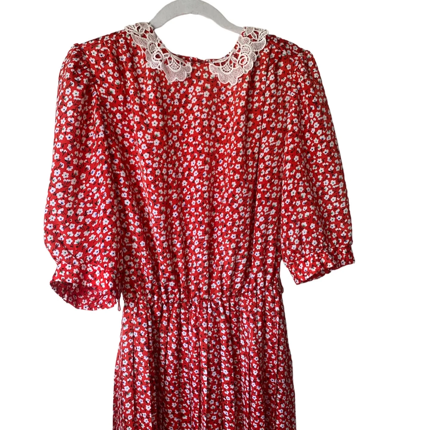 80s Lace Collar Red Floral Print Dress Secretary L Xl By Breli - Image 5