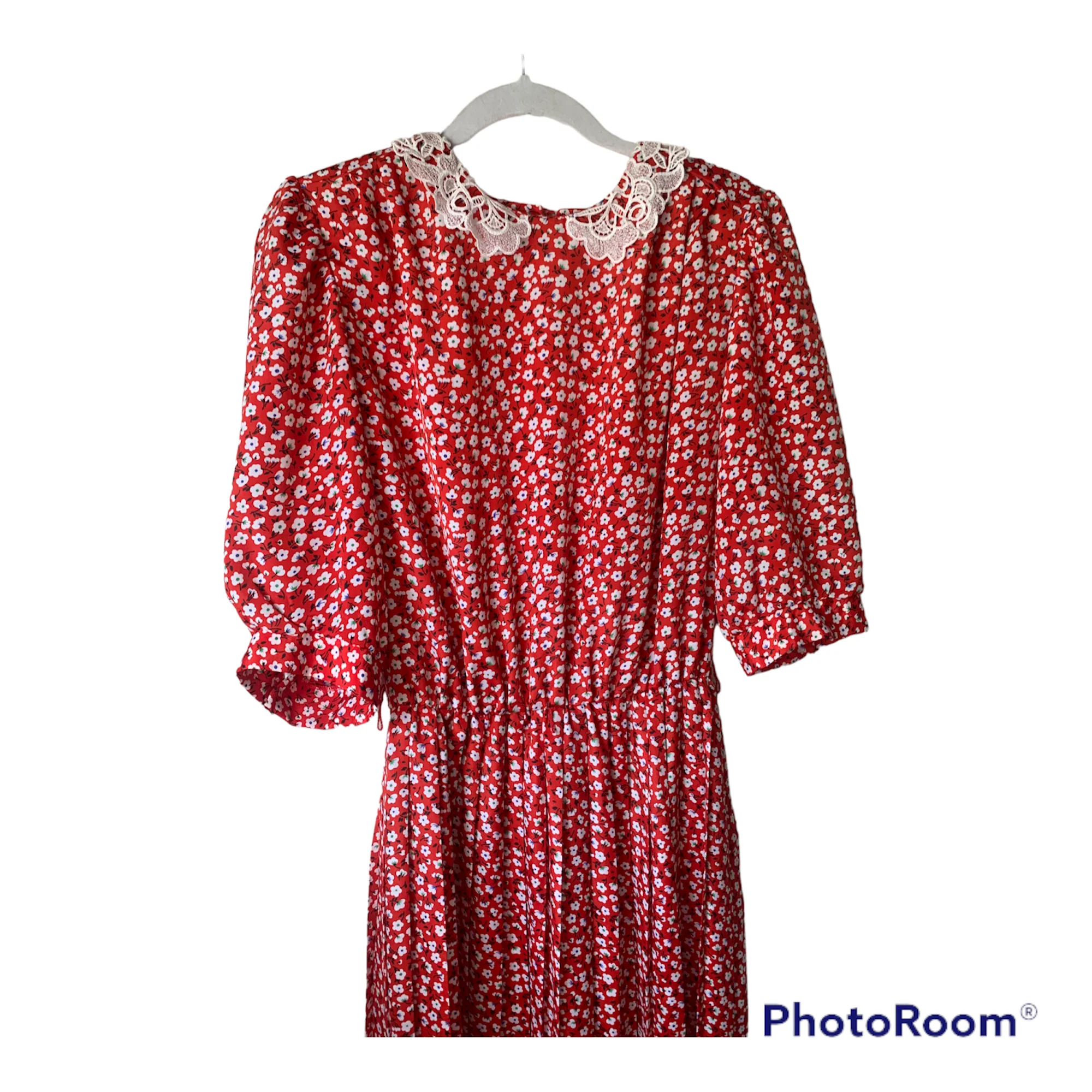 80s Lace Collar Red Floral Print Dress Secretary L Xl By Breli - Image 6