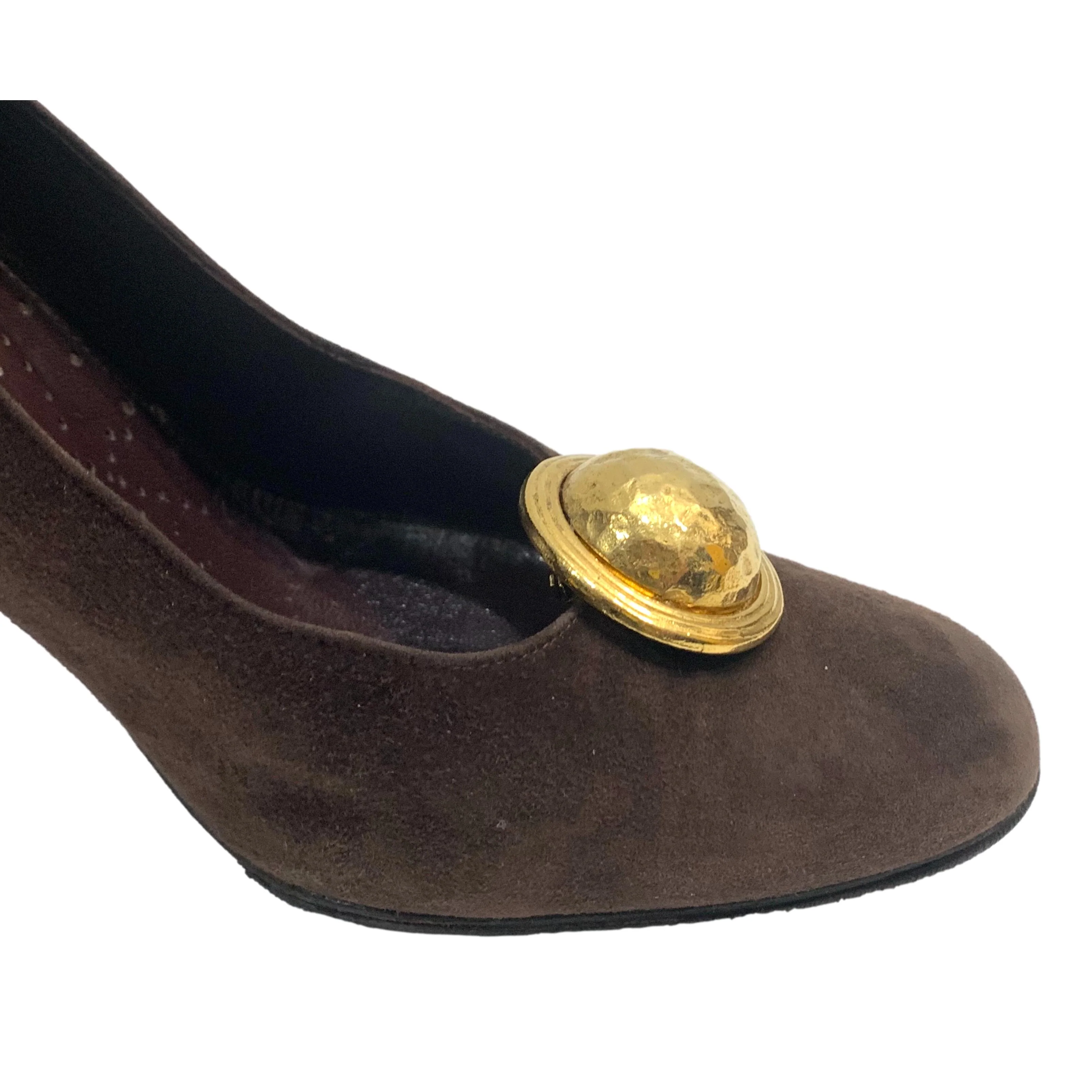 80s Large Gold Tone Hammered Domed Circle Shoe Clips - Image 5