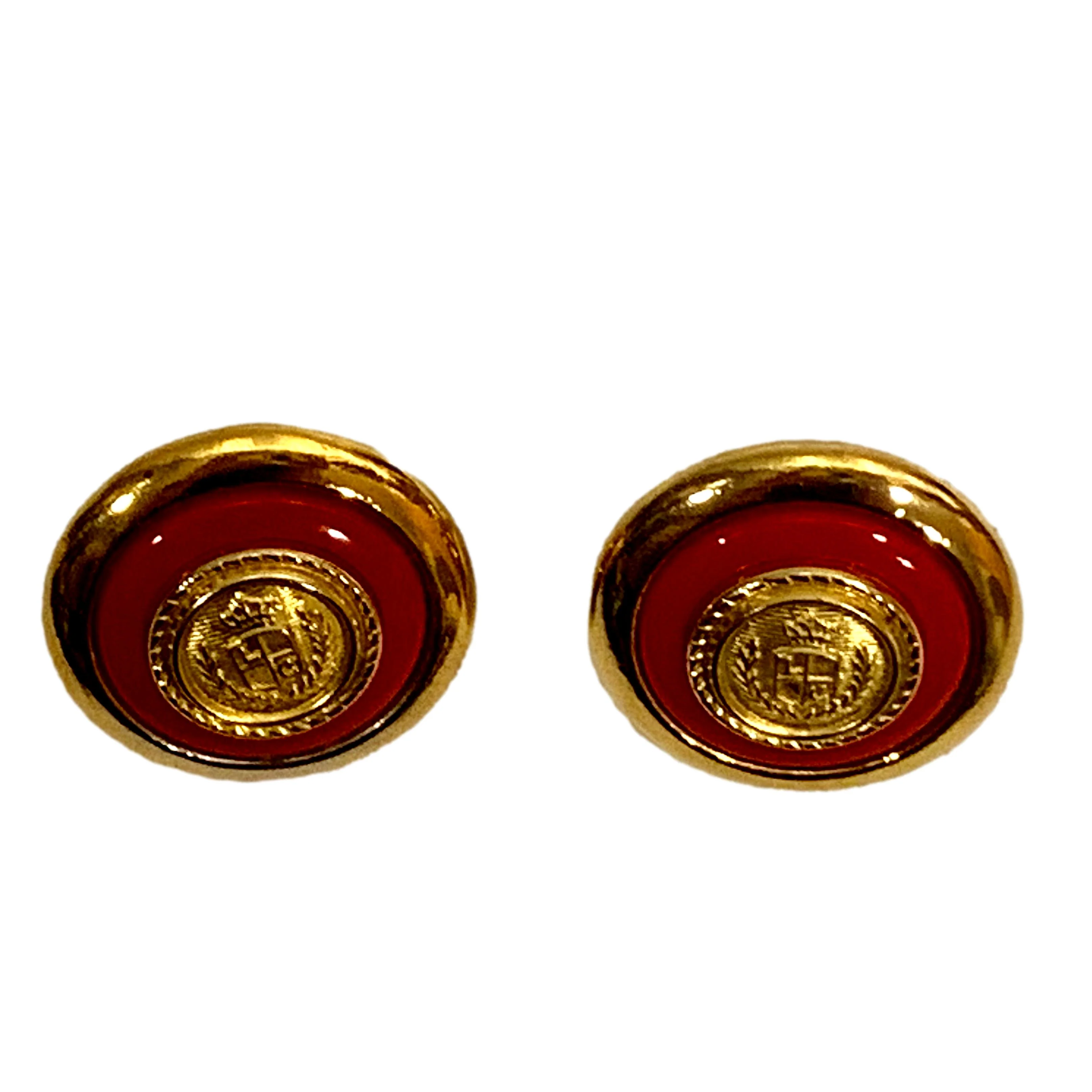 80s Large Red And Gold Pierced Earrings With Crest By Liz Claiborne - Image 6