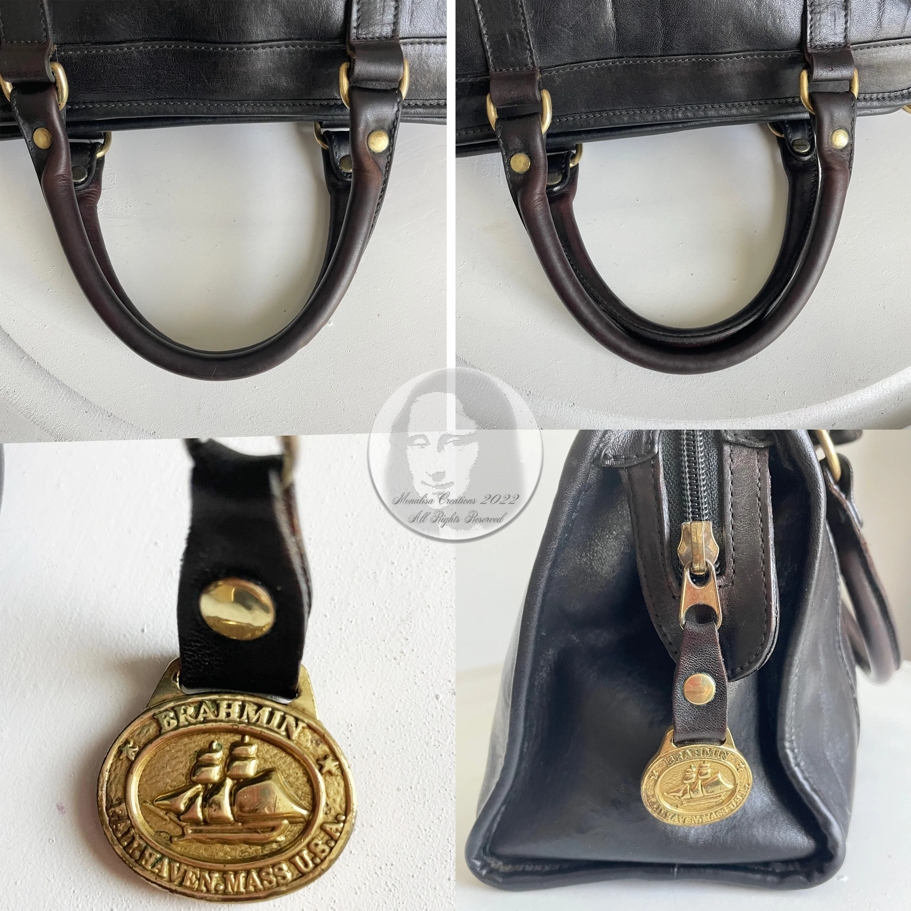80s Leather Satchel Bag Speedy Handbag Brass Hardware By Brahmin - Image 12