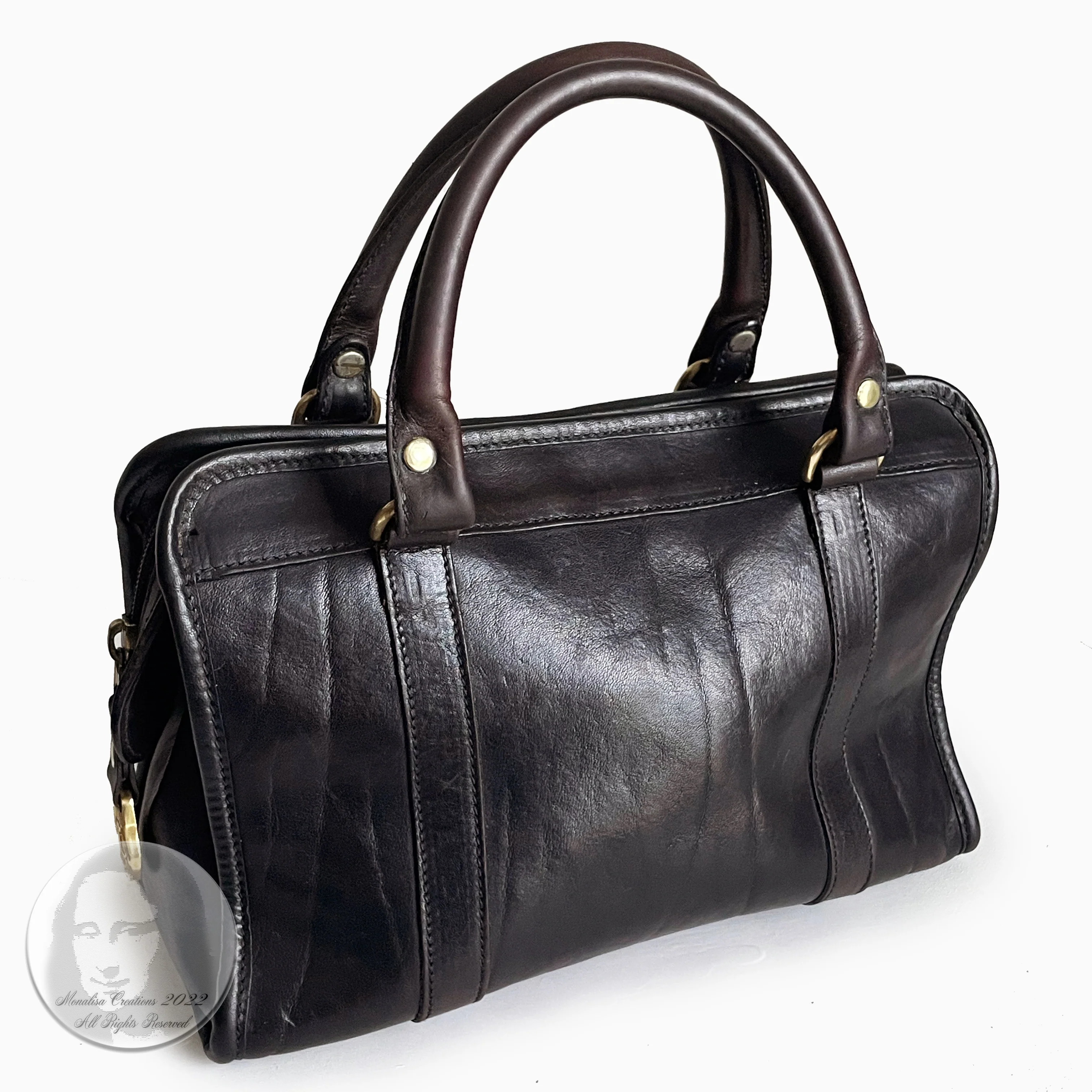 80s Leather Satchel Bag Speedy Handbag Brass Hardware By Brahmin - Image 3