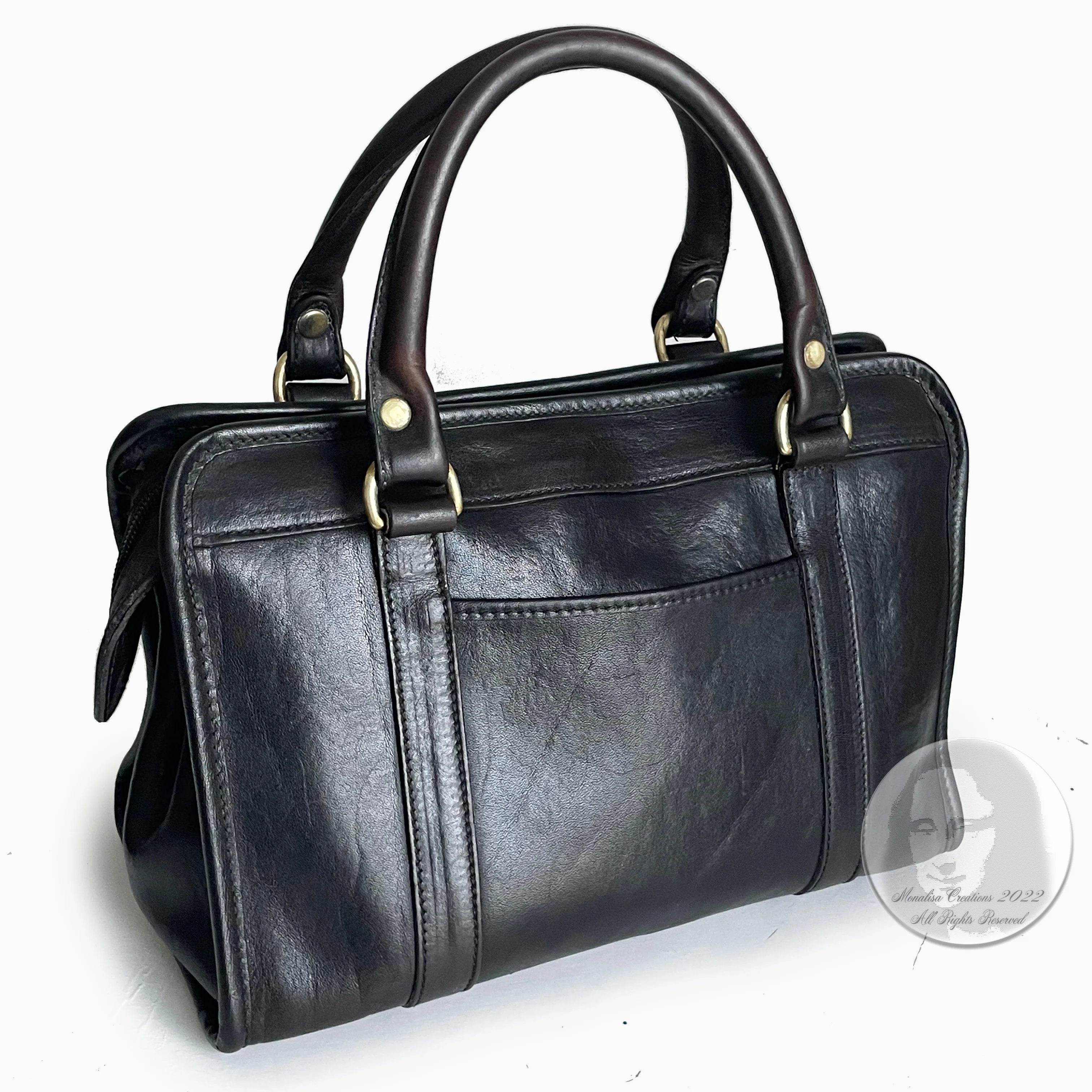 80s Leather Satchel Bag Speedy Handbag Brass Hardware By Brahmin - Image 6