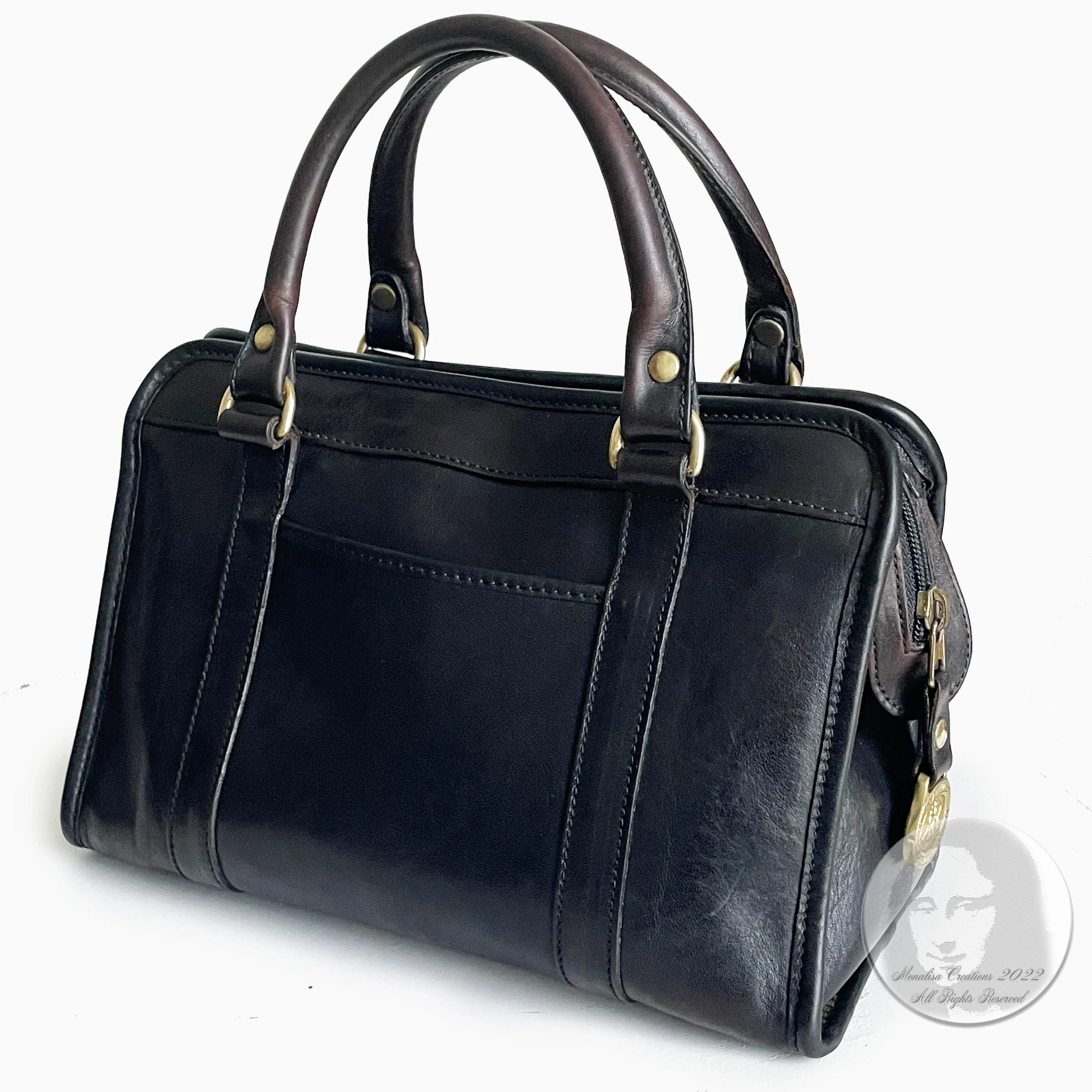 80s Leather Satchel Bag Speedy Handbag Brass Hardware By Brahmin - Image 7