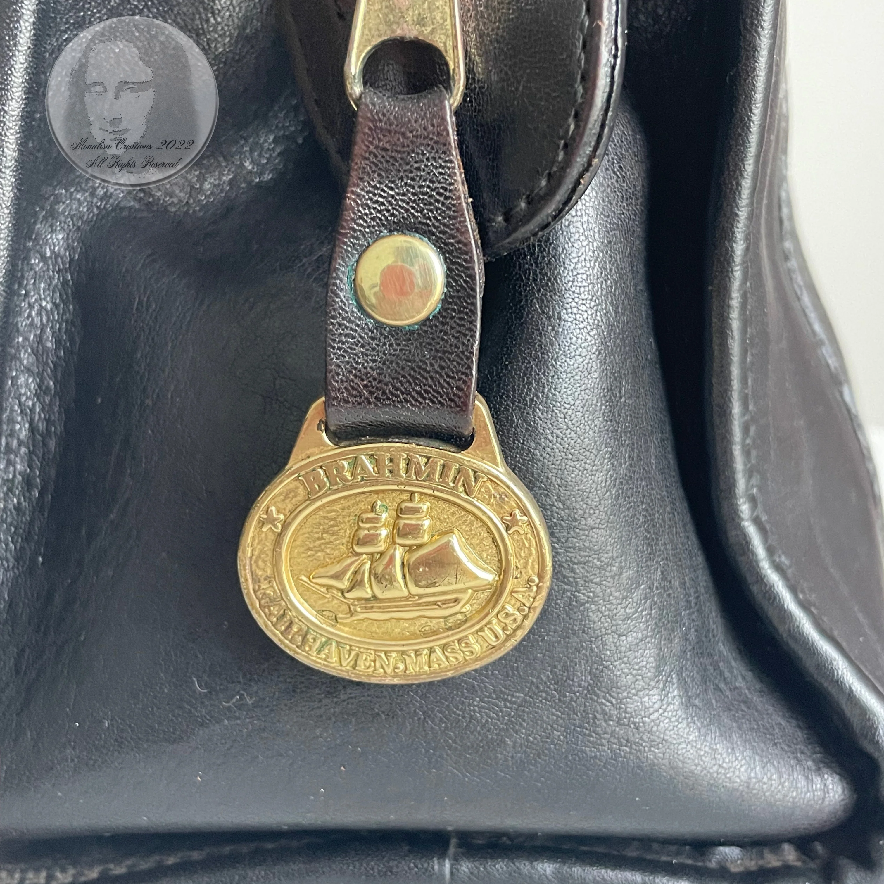 80s Leather Satchel Bag Speedy Handbag Brass Hardware By Brahmin - Image 8