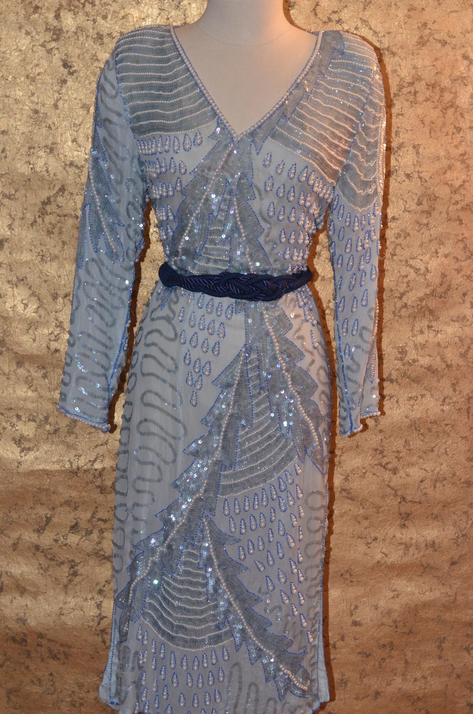 80s Light Blue Sequin Beaded Dress By Chanson D'amour - Image 6