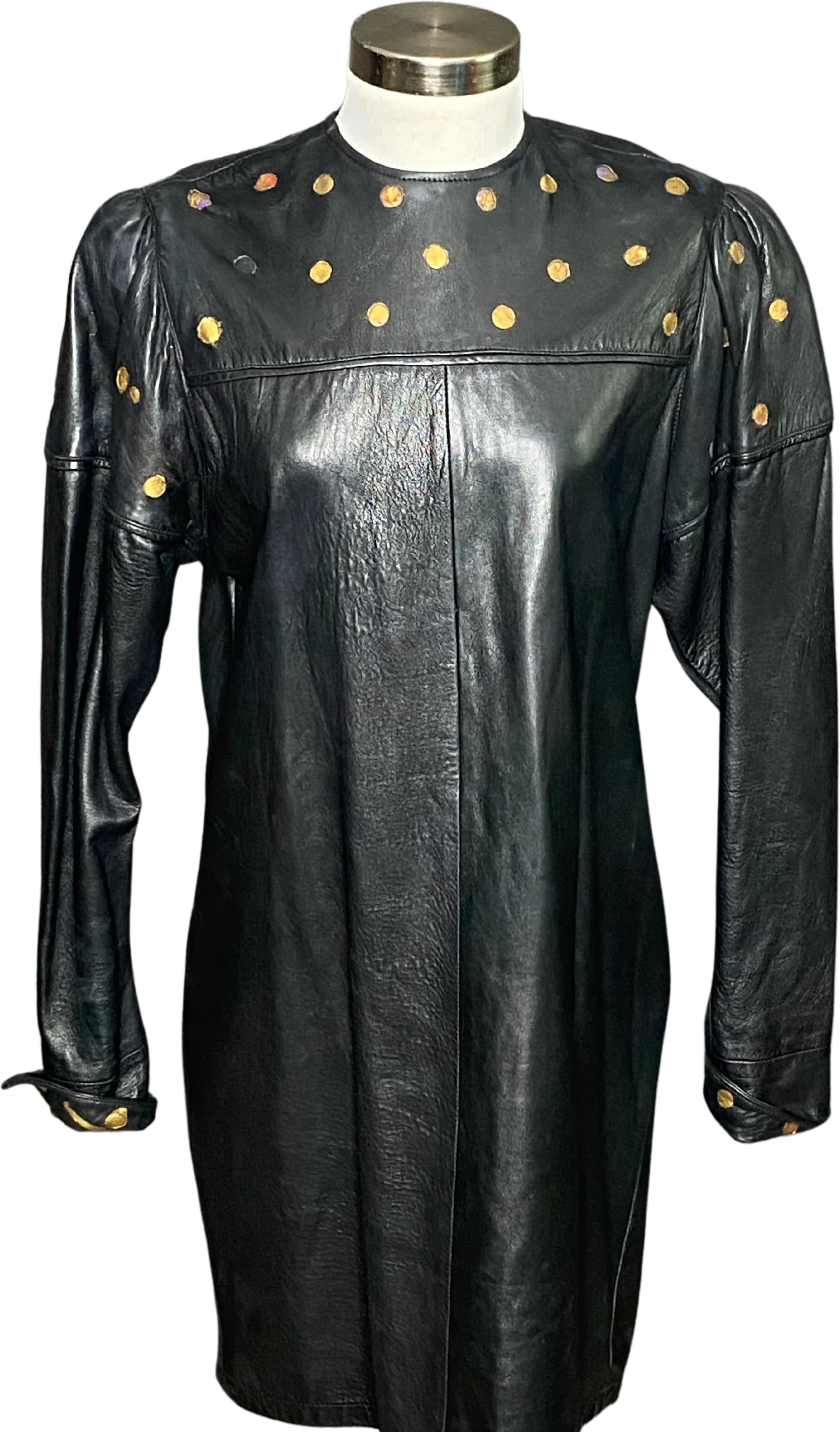 80s Like Butter Black Leather Dress Gold Dots