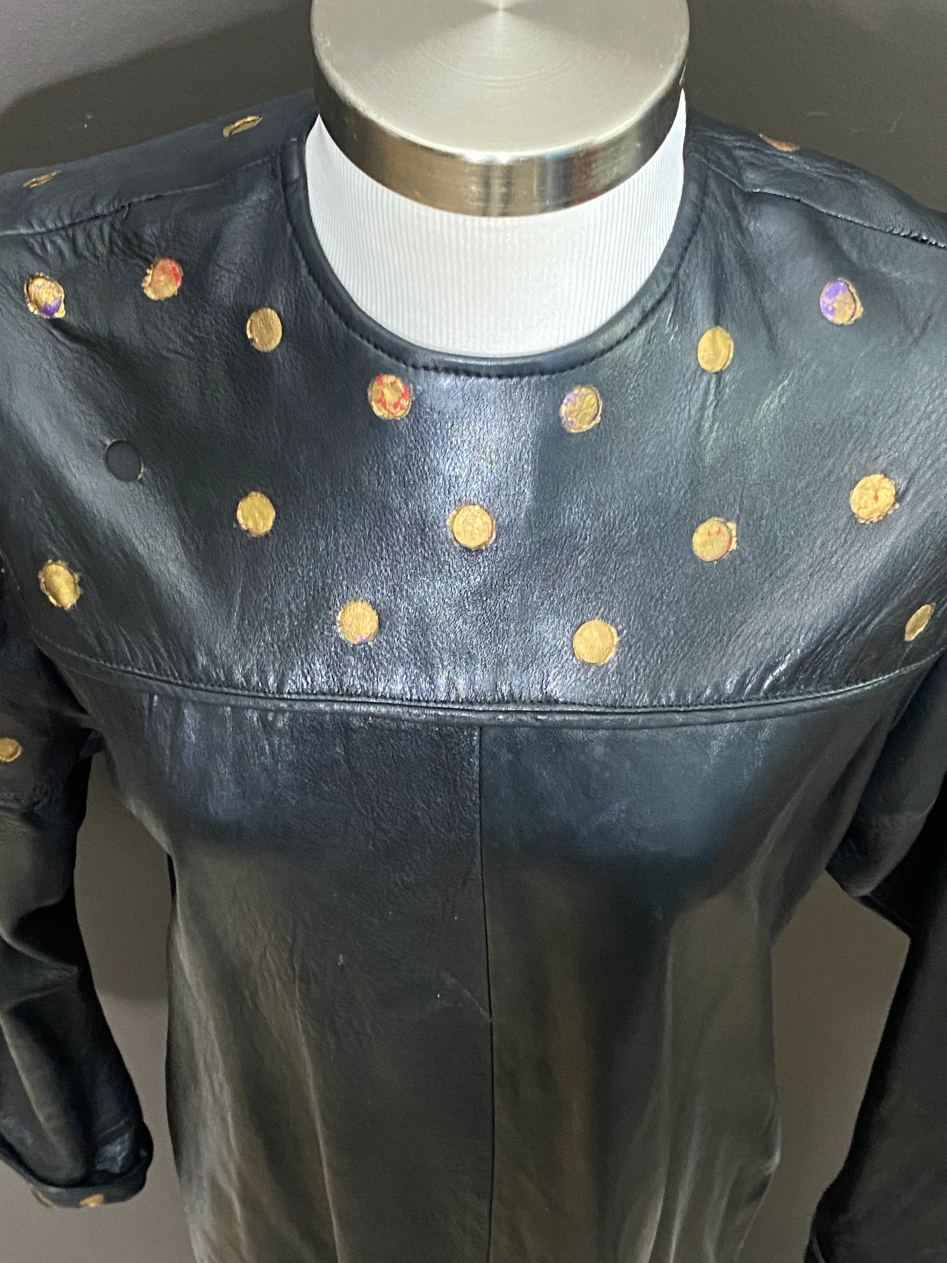 80s Like Butter Black Leather Dress Gold Dots - Image 8