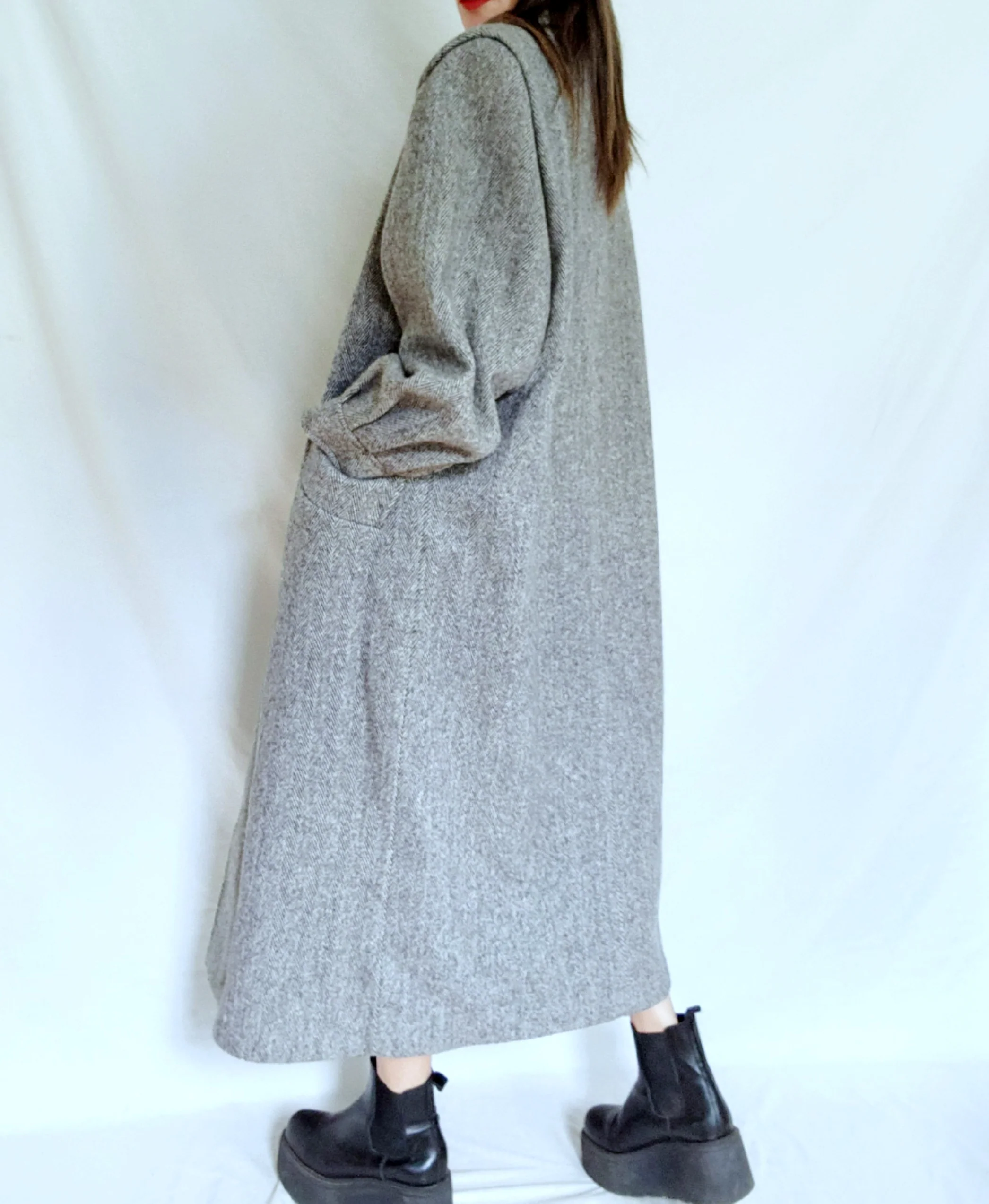 80s Long Herringbone Wool Shawl Collar Winter Coat - Image 13